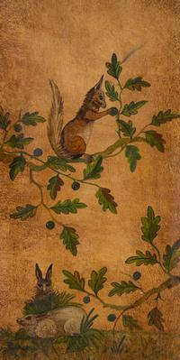 A Continental Painted Leather Six-Panel Screen Depicting Flora and Fauna