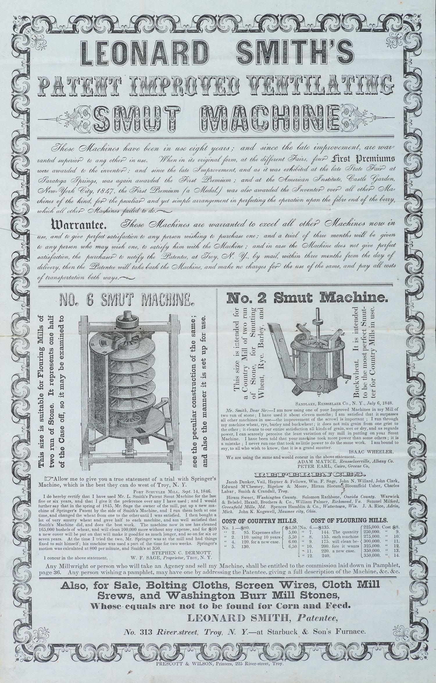 [ADVERTISING]. A group of 3 broadsides promoting machines and goods, incl. Leonard Smith's Smut Machine.