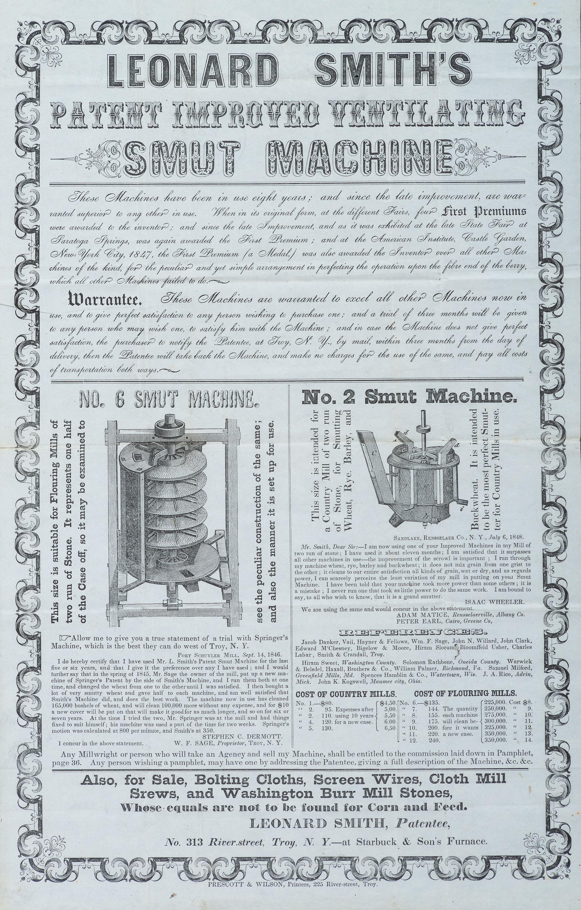 [ADVERTISING]. A group of 3 broadsides promoting machines and goods, incl. Leonard Smith's Smut Machine.