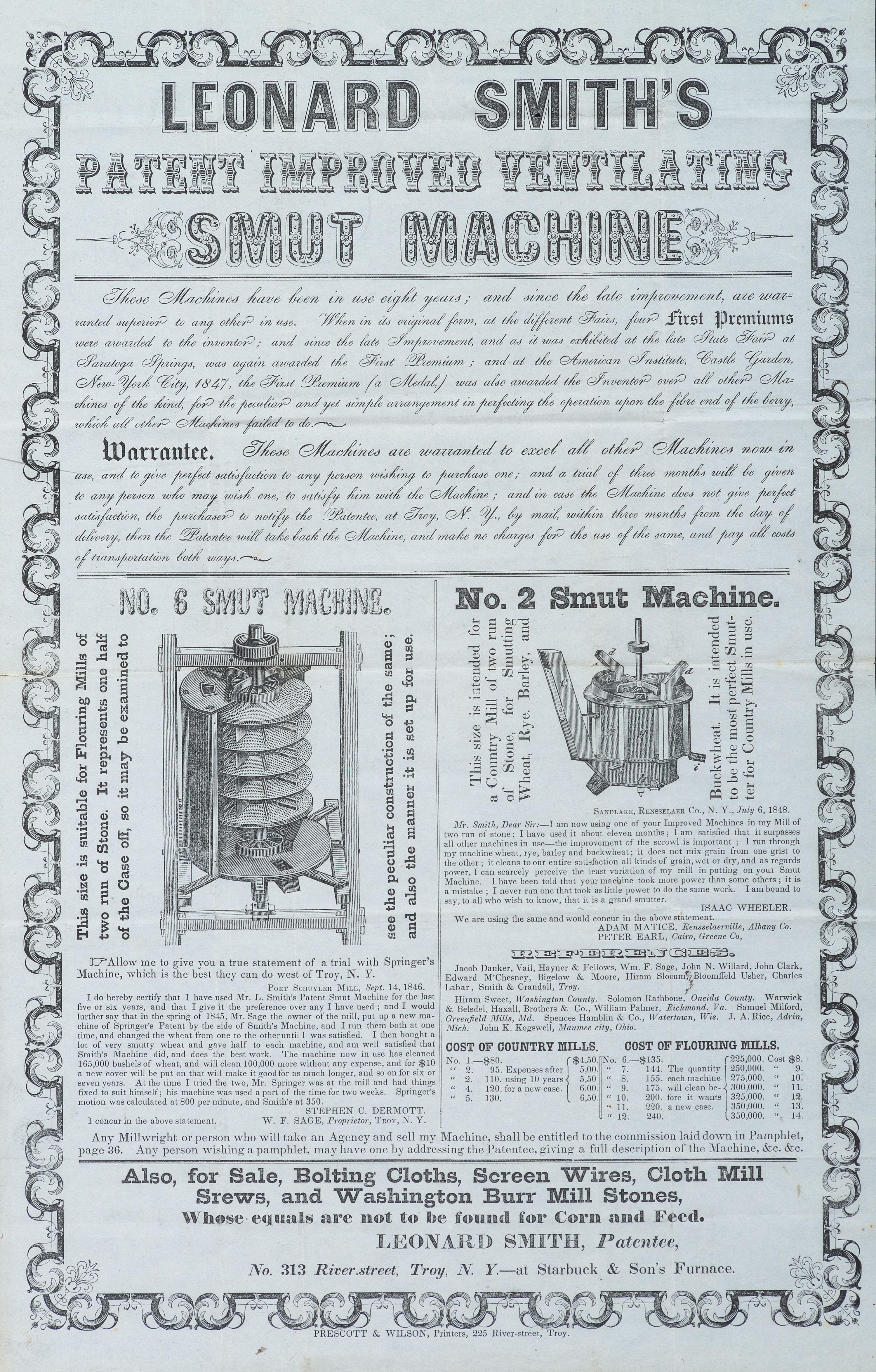 [ADVERTISING]. A group of 3 broadsides promoting machines and goods, incl. Leonard Smith's Smut Machine.