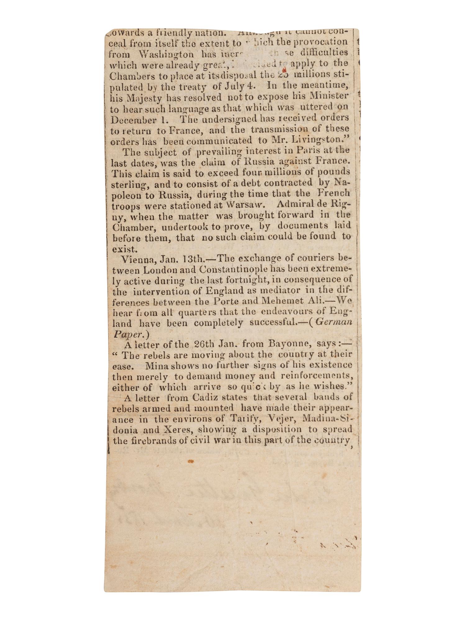 [SHIPWRECKS]. Manuscript testimony (court duplicate) of Thomas Kent, a Black man aboard the brigantine Britannia , wrecked off the coast of New Brunswick, British North America. 24 April 1835.