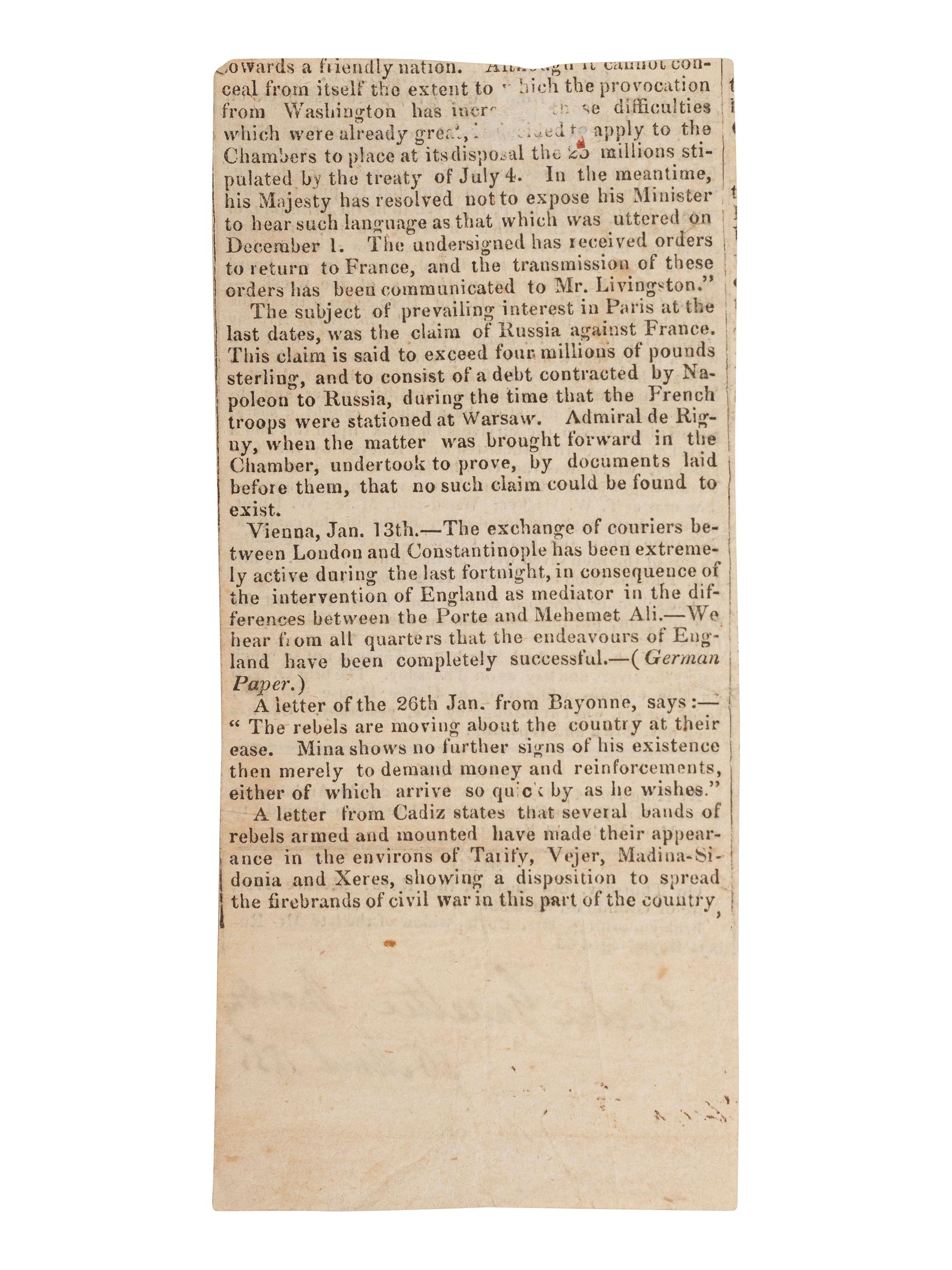 [SHIPWRECKS]. Manuscript testimony (court duplicate) of Thomas Kent, a Black man aboard the brigantine Britannia , wrecked off the coast of New Brunswick, British North America. 24 April 1835.