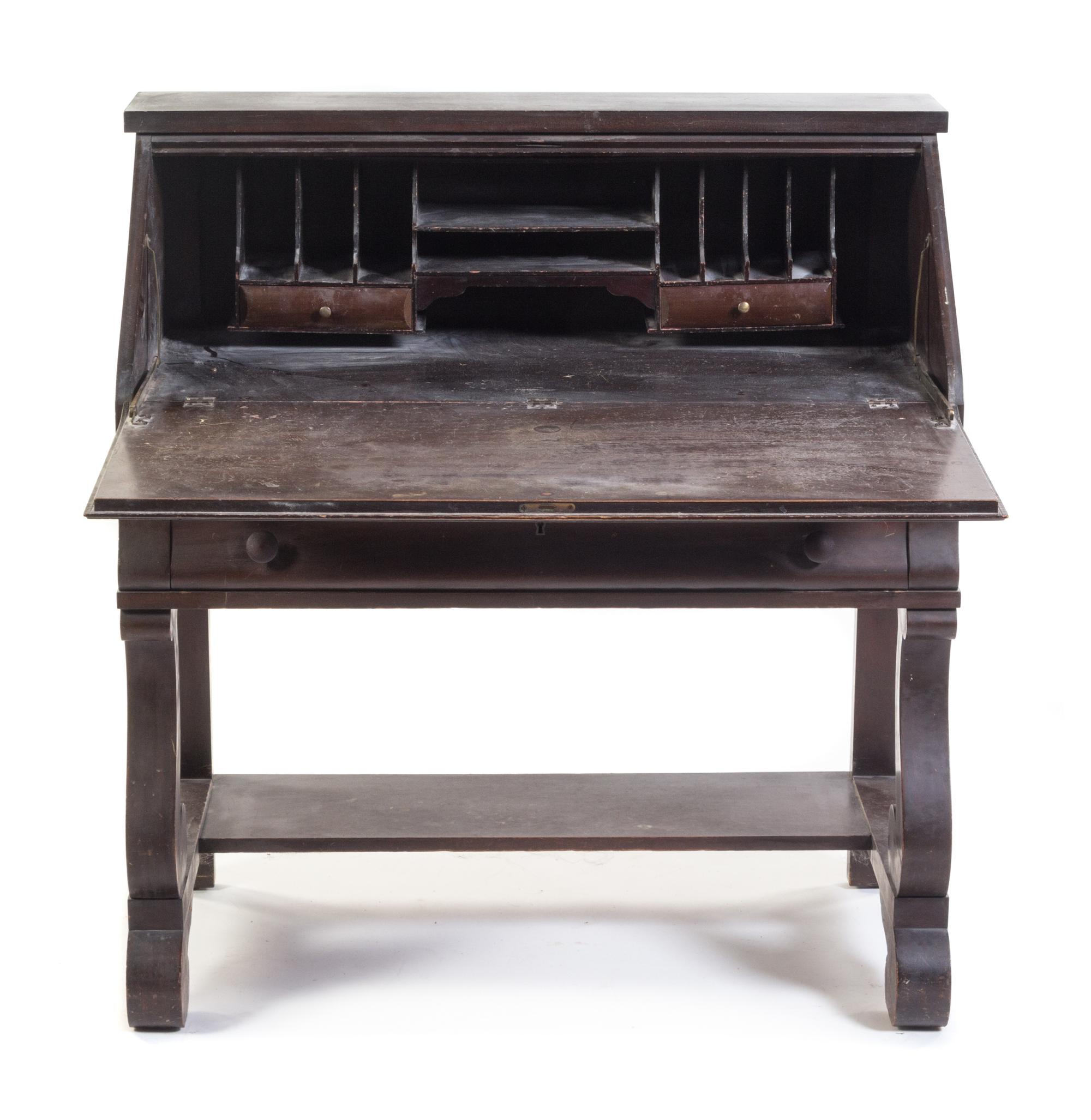 An American Empire Mahogany Slant Front Desk Height 40 1/4 x width 38 x depth 18 1/2 inches. — 19TH CENTURY