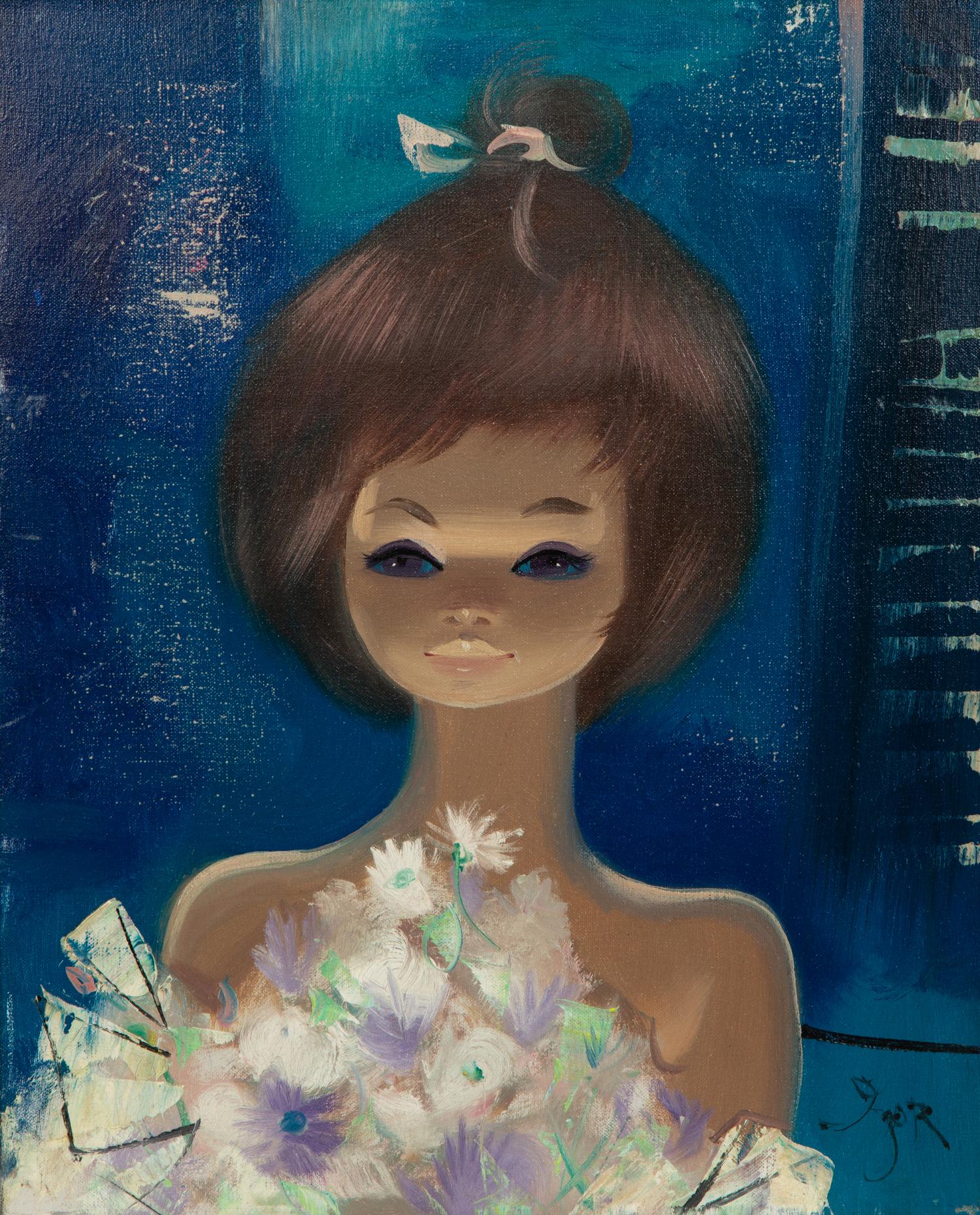 Brunette Girl on Deep Blue Ground