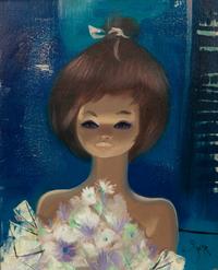 Brunette Girl on Deep Blue Ground