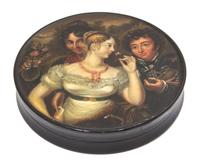An English Circular Lacquer Snuff Box Height 7/8 x diameter 4 inches. — (Samuel Raven, Birmingham, circa 1825)