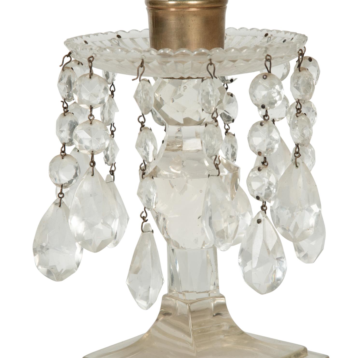 A Pair of English Etched Glass Hurricane Candlesticks
