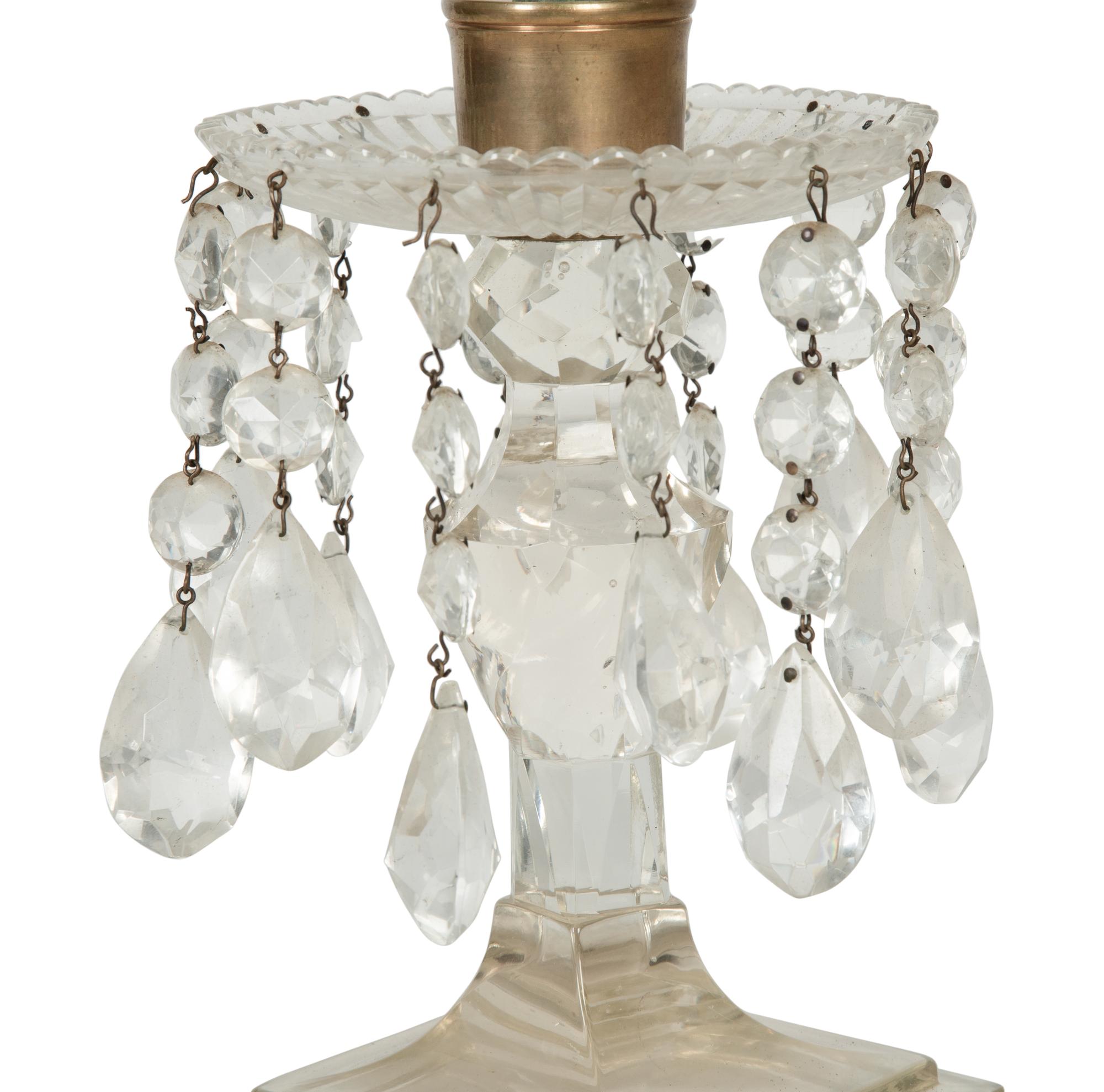 A Pair of English Etched Glass Hurricane Candlesticks