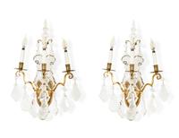 A Pair of Louis XV Style Gilt Bronze and Cut Glass Three-Light Sconces