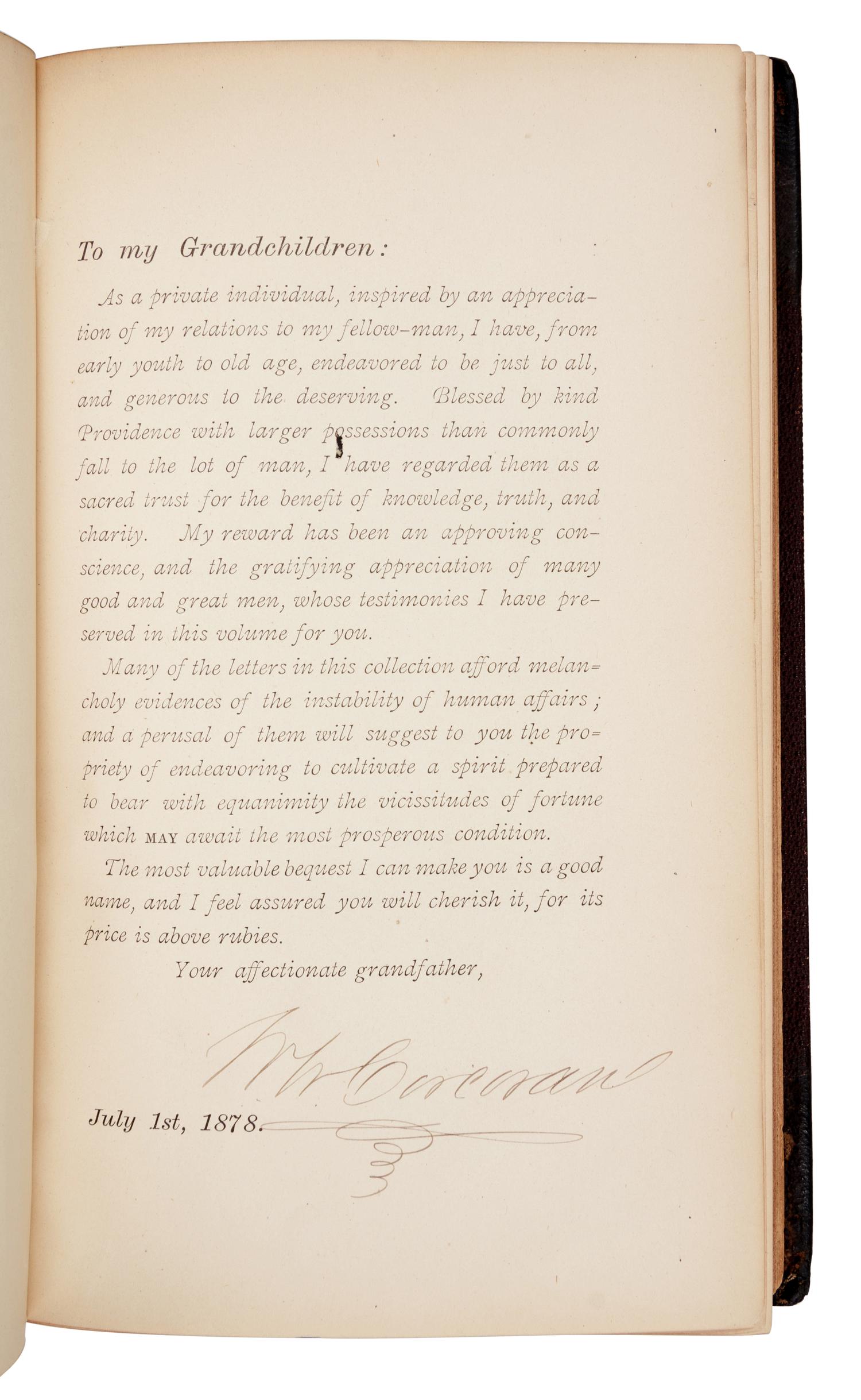 [CORCORAN, William Wilson (1798-1888)]. A Grandfather’s Legacy; containing a Sketch of his Life. Washington, D. C.: Henry Polkinhorn, 1879.