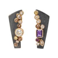 TODD REED, HAND FORGED STERLING SILVER, YELLOW GOLD, MULTICOLORED DIAMOND, AND AMETHYST EARRINGS