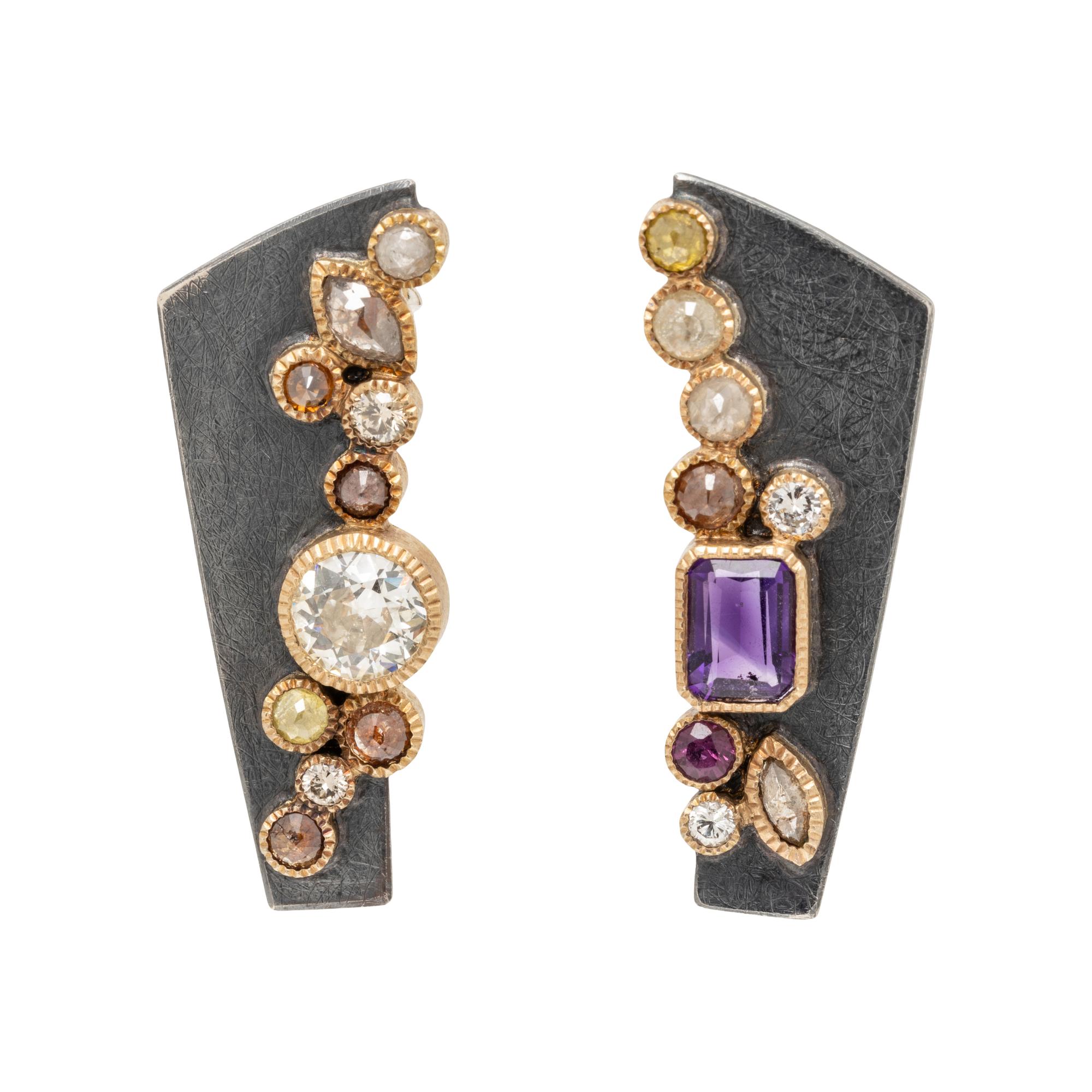 TODD REED, HAND FORGED STERLING SILVER, YELLOW GOLD, MULTICOLORED DIAMOND, AND AMETHYST EARRINGS