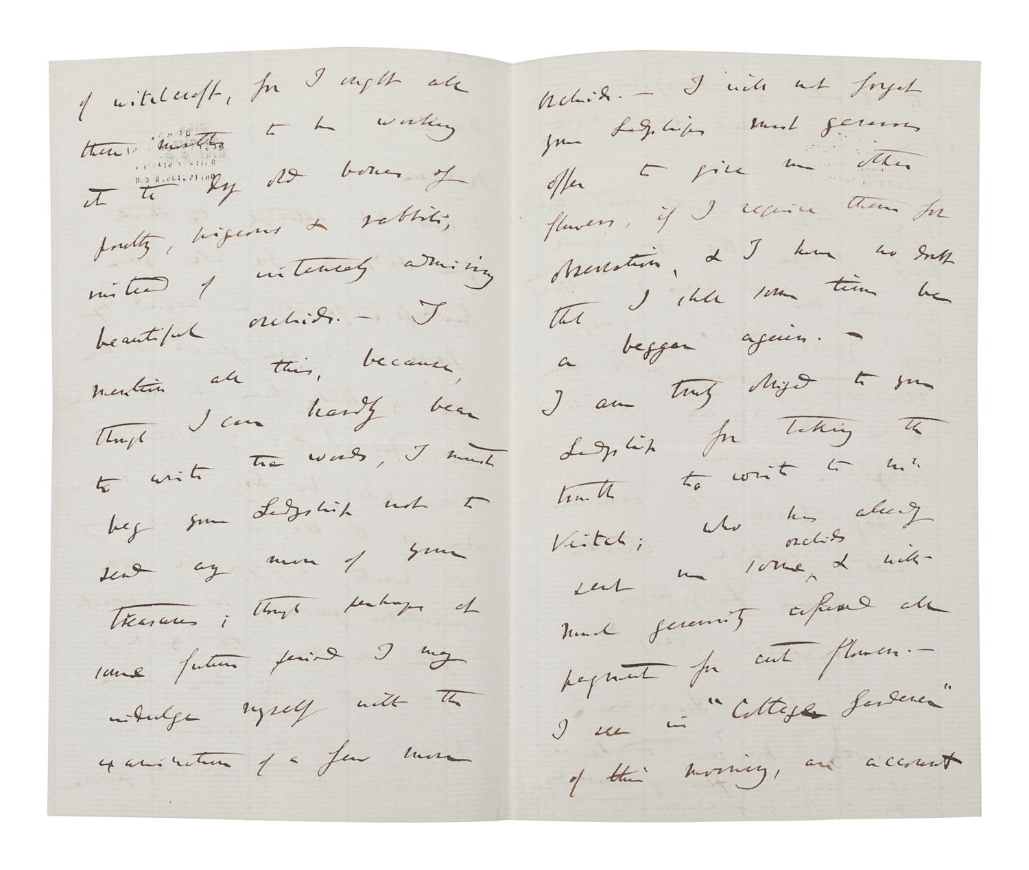 DARWIN, Charles (1809-1882). Autograph letter signed (“Charles Darwin”) to Lady Dorothy Fanny Nevill (“Madam”), Down, Bromley, Kent, 27 November [1861]. 4 pages, 8vo (203 x 127 mm), on a bifolium. Creased.