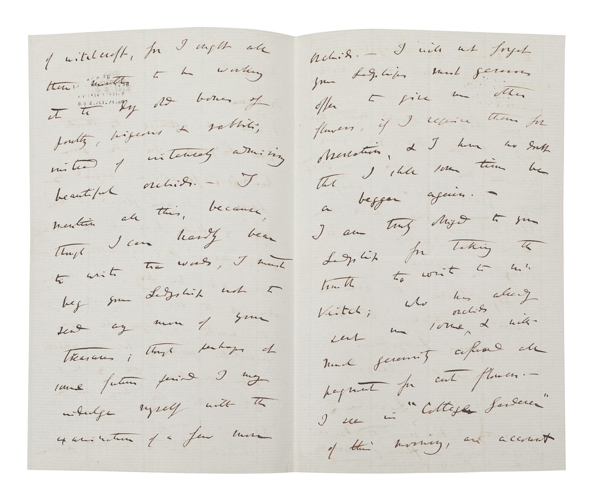 DARWIN, Charles (1809-1882). Autograph letter signed (“Charles Darwin”) to Lady Dorothy Fanny Nevill (“Madam”), Down, Bromley, Kent, 27 November [1861]. 4 pages, 8vo (203 x 127 mm), on a bifolium. Creased.