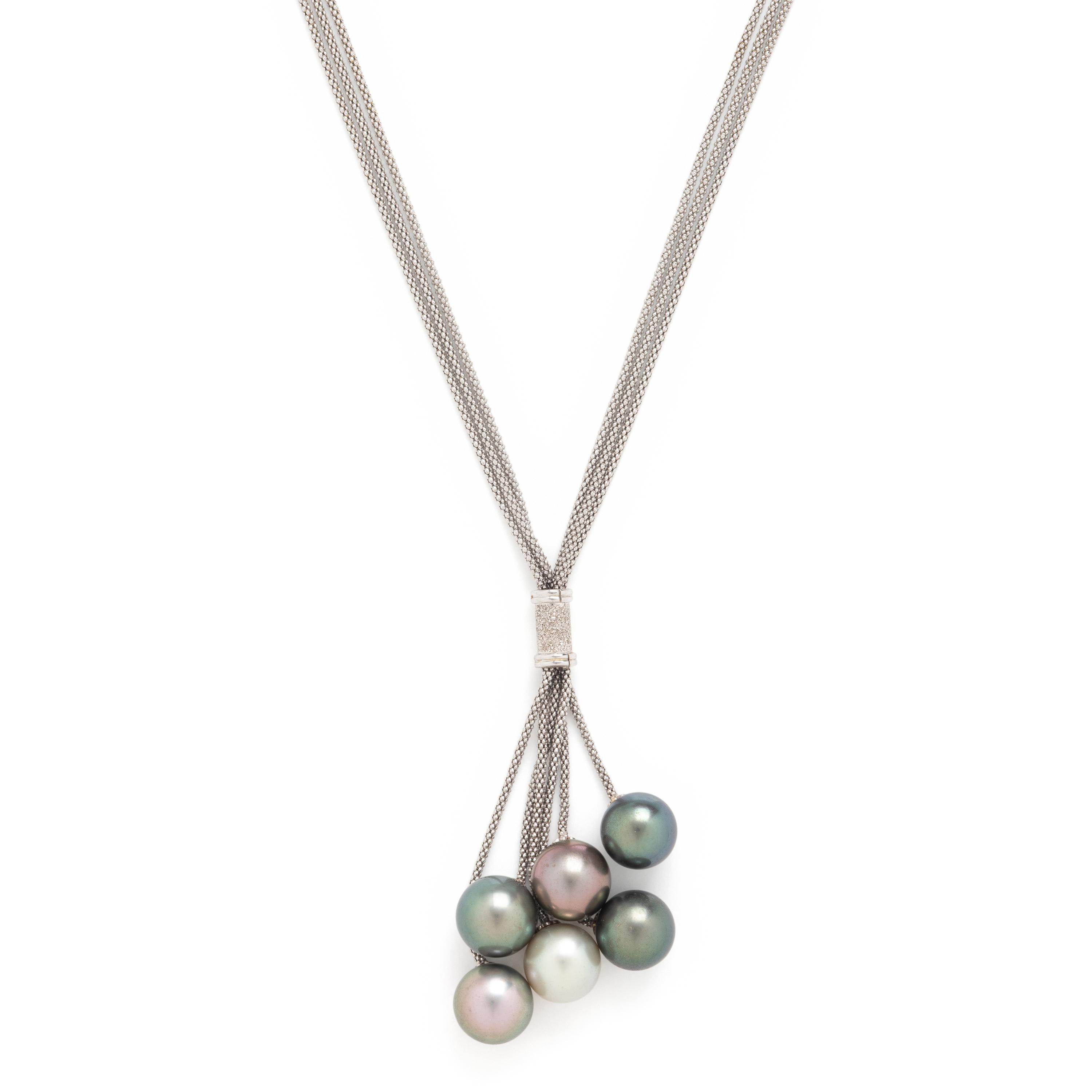 Cultured Pearl and White Gold Tassel Necklace
