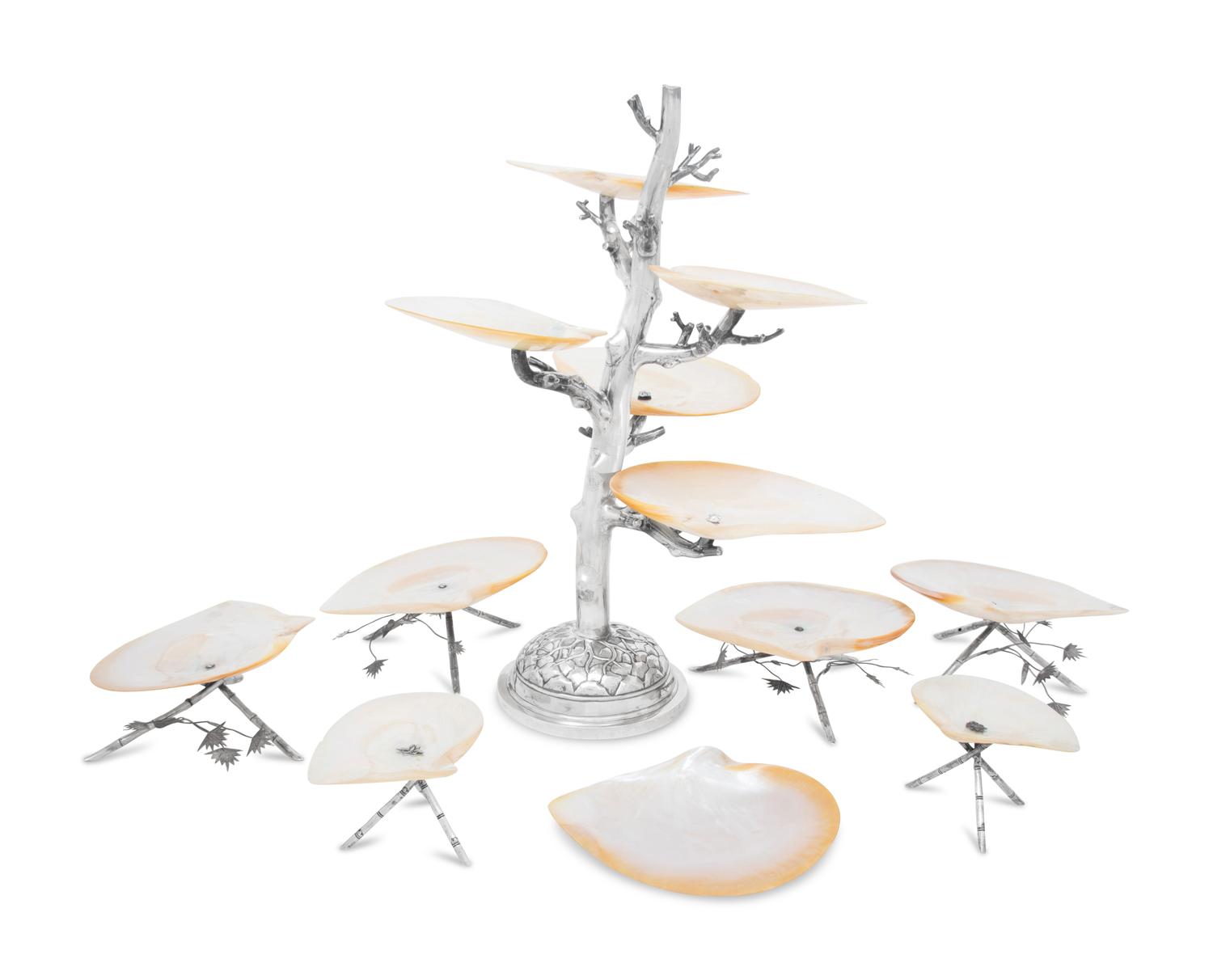 A Chinese Export Silver and Mother-of-Pearl Table Garniture