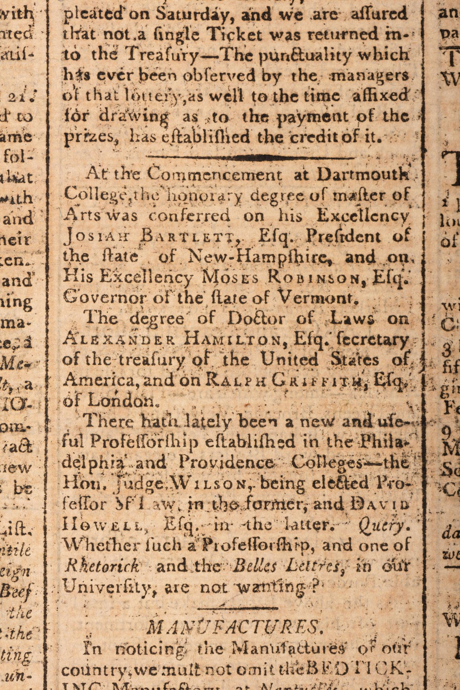 [HAMILTON, Alexander (1757-1804)]. Columbian Centinel. Vol. XIV, No. 1. Boston, MA: Benjamin Russell, 15 Sept 1790.