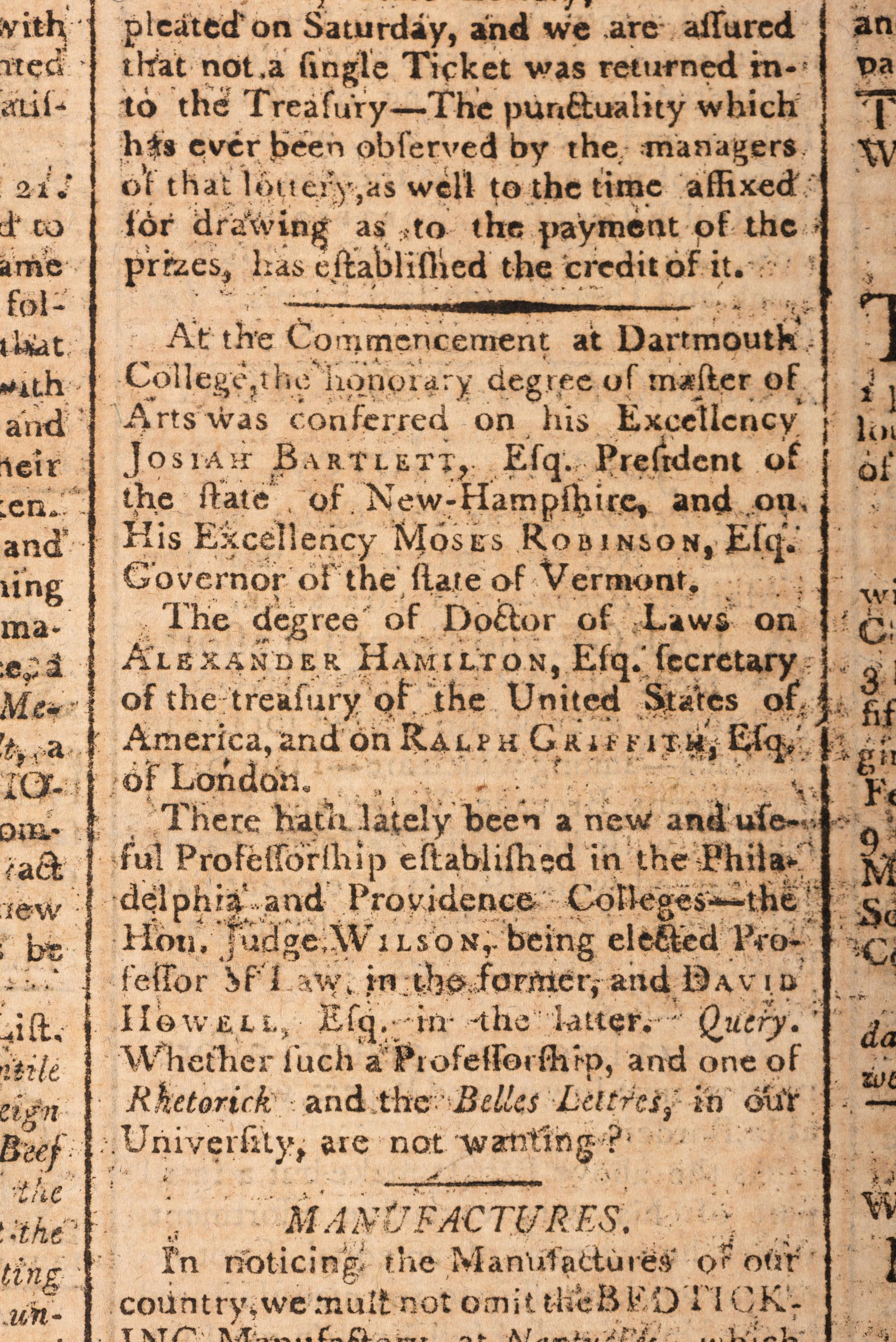 [HAMILTON, Alexander (1757-1804)]. Columbian Centinel. Vol. XIV, No. 1. Boston, MA: Benjamin Russell, 15 Sept 1790.
