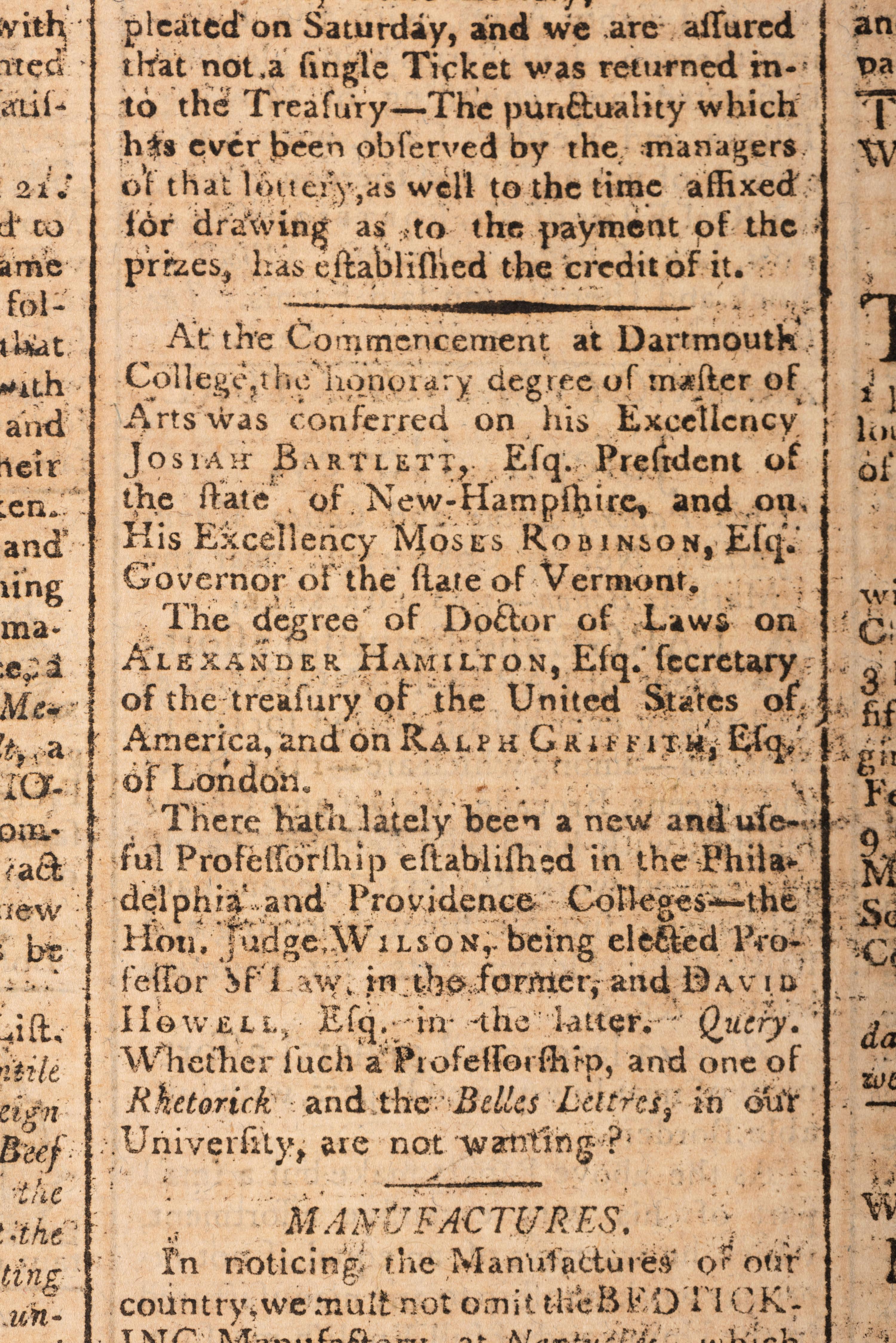 [HAMILTON, Alexander (1757-1804)]. Columbian Centinel. Vol. XIV, No. 1. Boston, MA: Benjamin Russell, 15 Sept 1790.