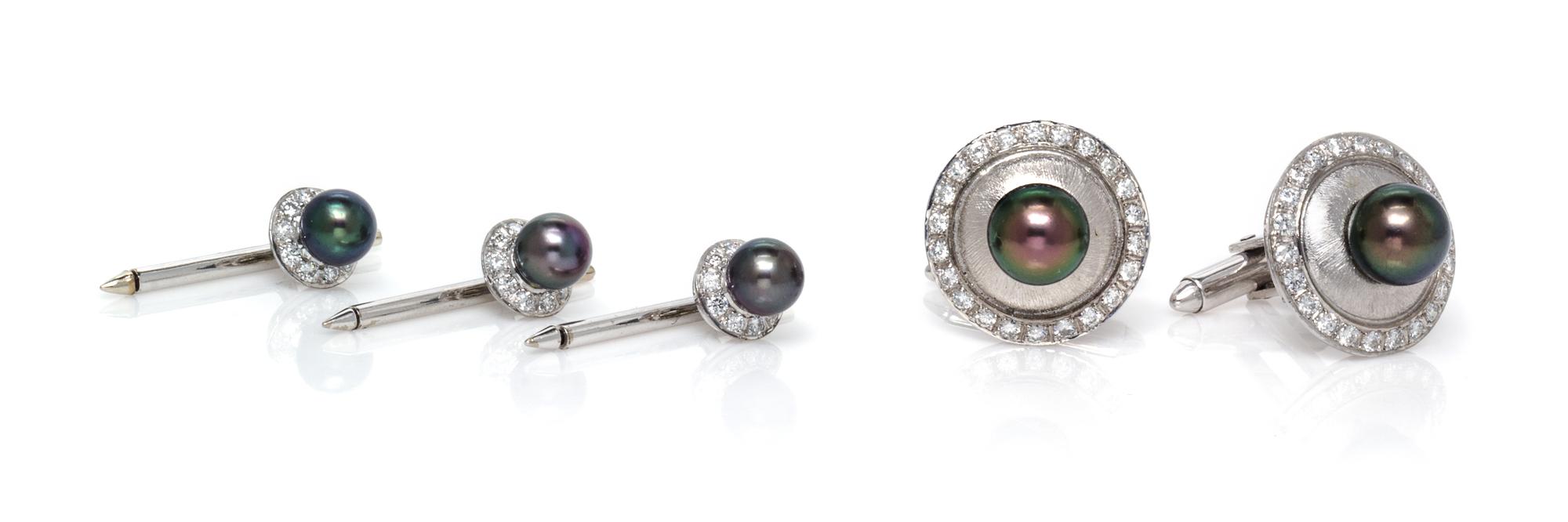 A White Gold, Cultured Pearl and Diamond Dress Set, Trio, 15.70 dwts.