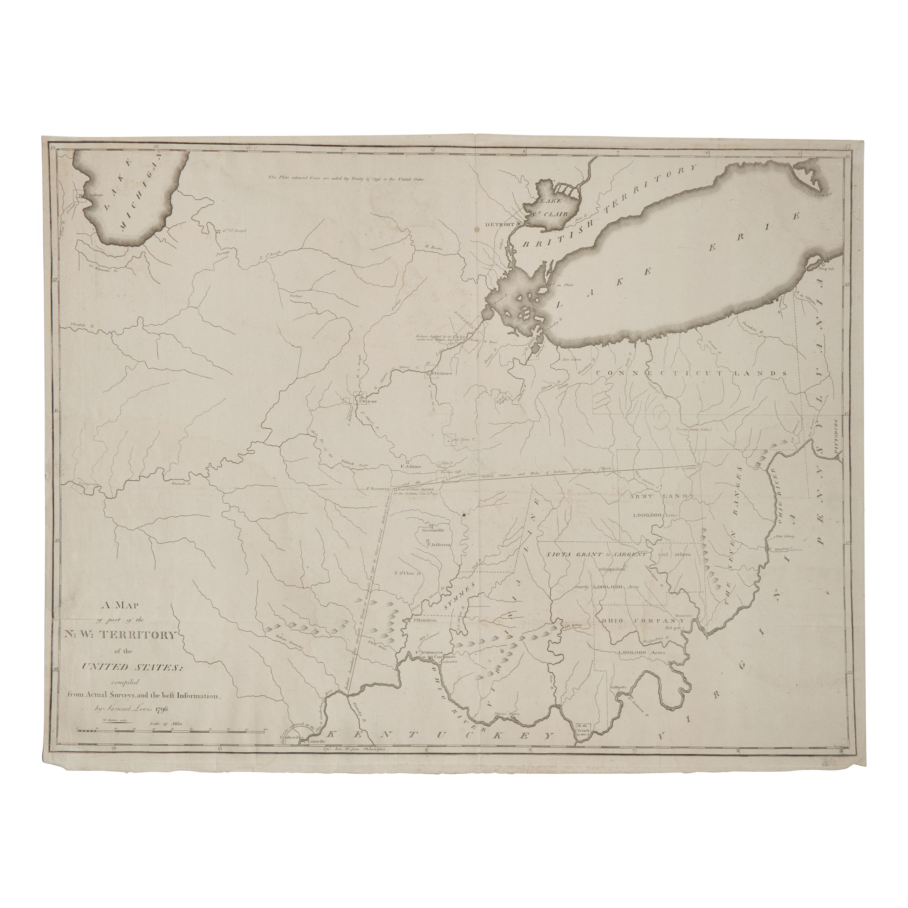 [Map]. Lewis, Samuel (ca 1754-1822). A Map of part of the N:W: Territory of the United States compiled from Actual Surveys and the best Information . Philadelphia: Matthew Carey, 1796 [but 1802].