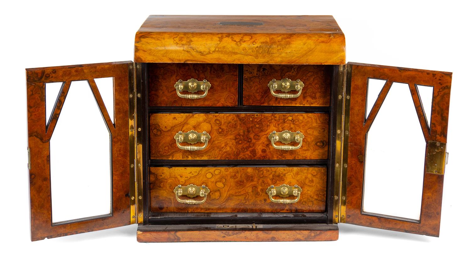 A Victorian Burl Walnut Jewelry Cabinet Height 13 1/4 x width 12 7/8 x depth 9 1/2 inches. — 19TH CENTURY