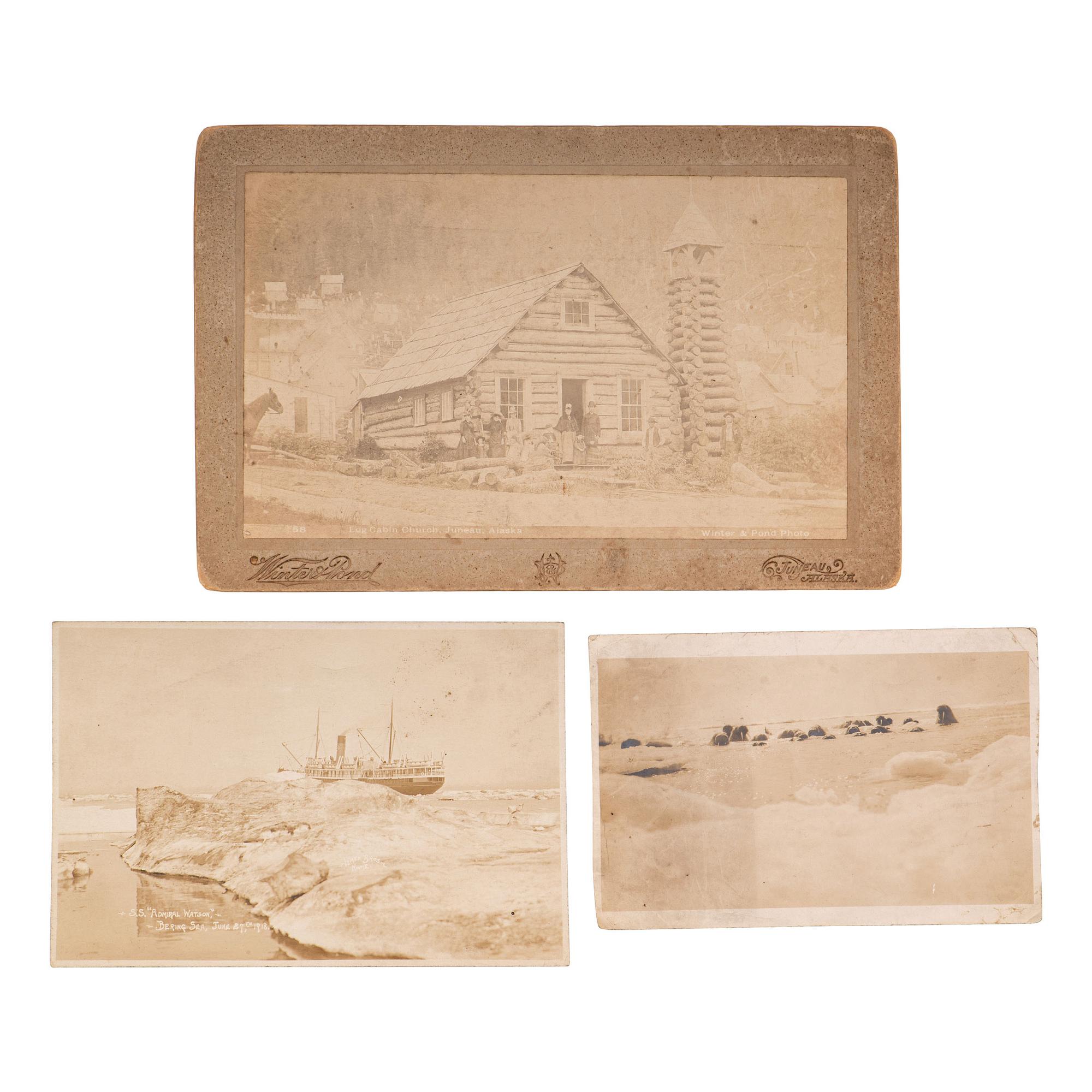 [ALASKA] -- [EARLY PHOTOGRAPHY]. Log Cabin Church, Juneau, Alaska. Boudoir card. Juneau, Alaska: Winter & Pond, [ca 1890s].