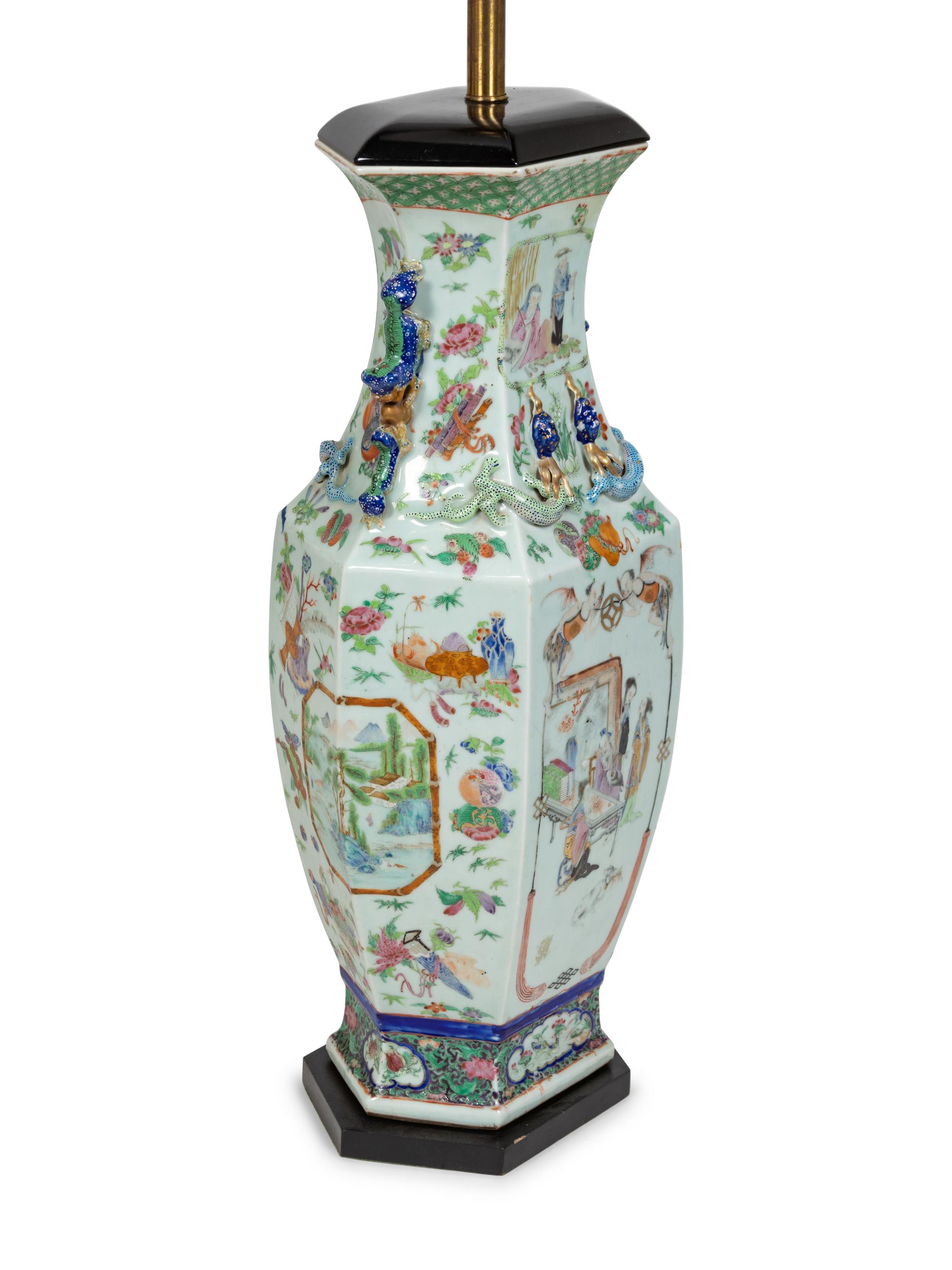 A Pair of Chinese Famille Rose Porcelain Vases Mounted as Lamps