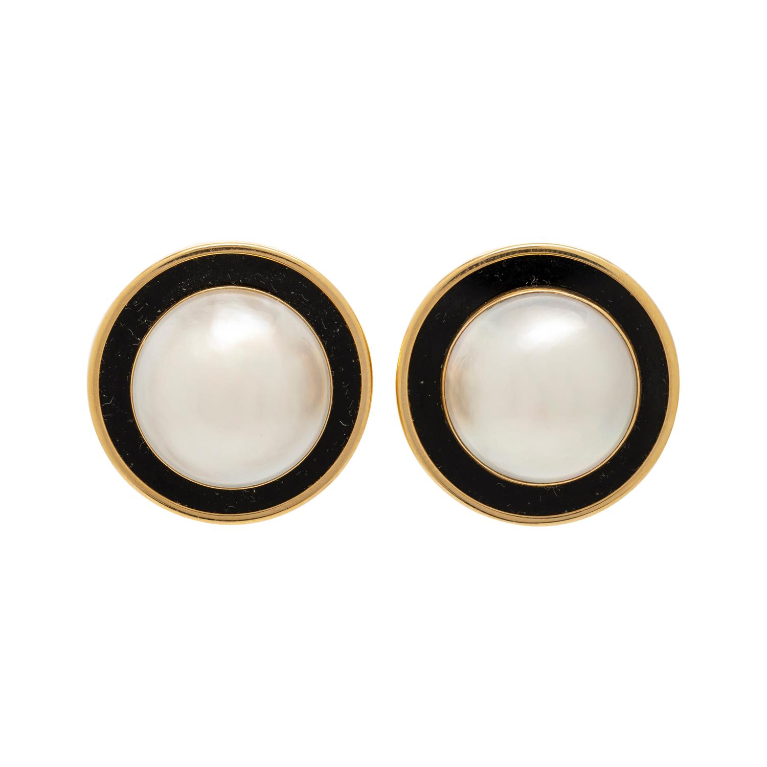 CULTURED MABE PEARL AND ONYX EARRINGS