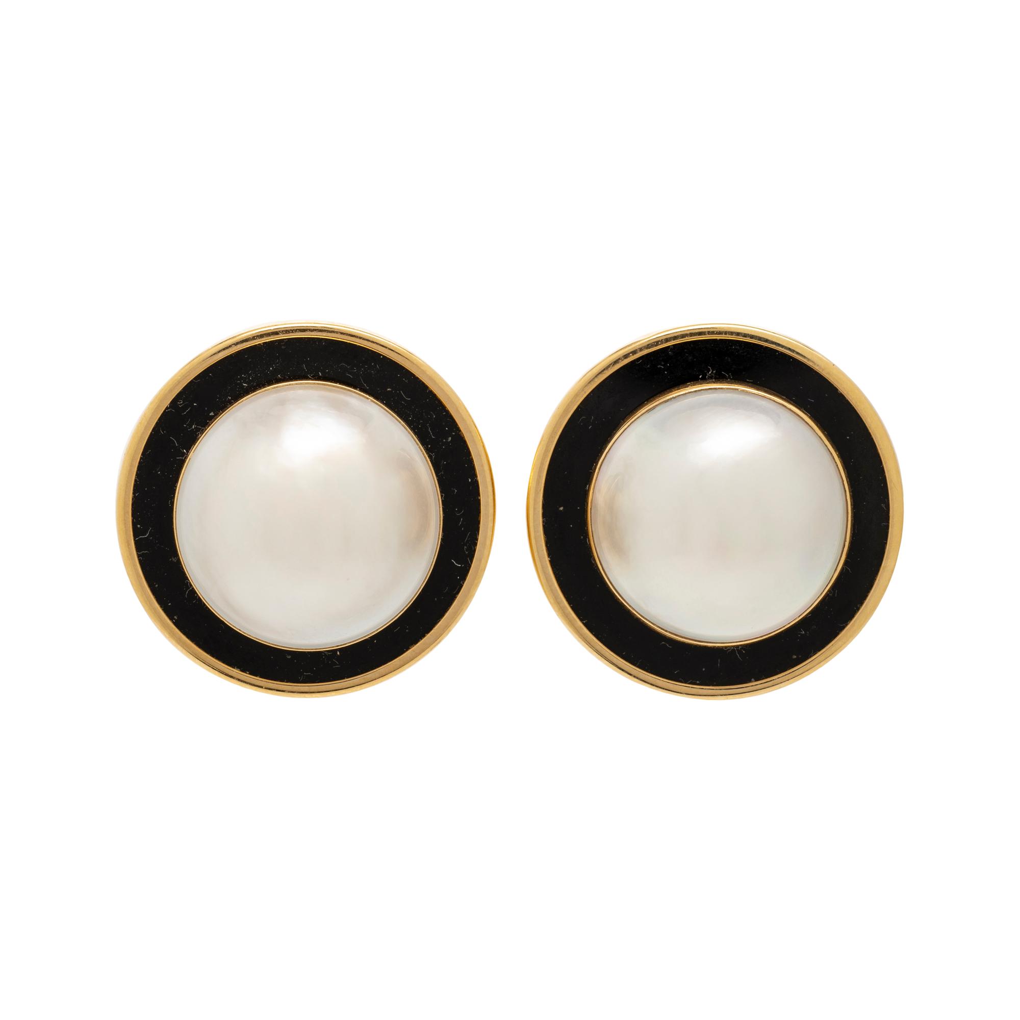 CULTURED MABE PEARL AND ONYX EARRINGS