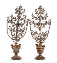 A Pair of Spanish Carved Giltwood, Tole and Iron Candelabra Height 54 inches. — 17TH CENTURY