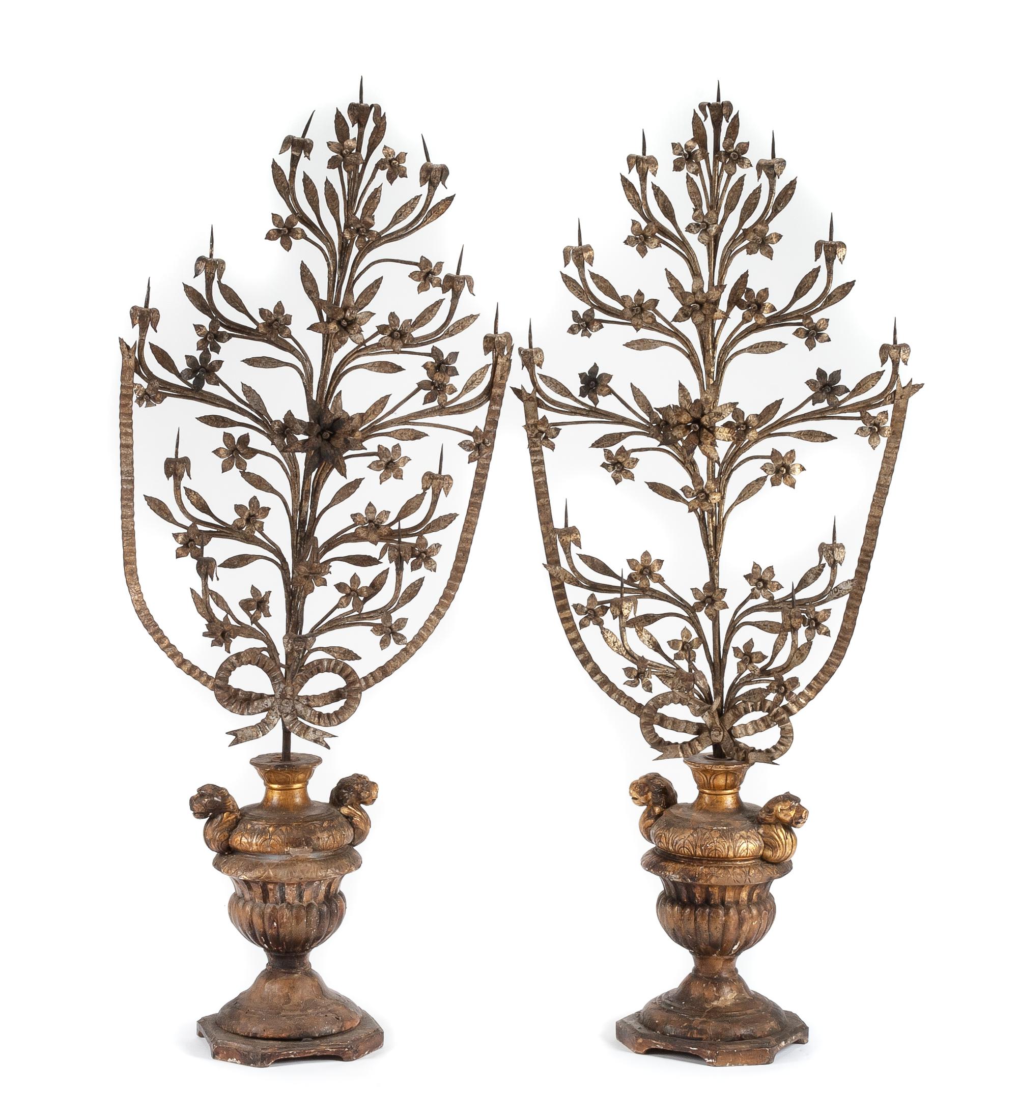A Pair of Spanish Carved Giltwood, Tole and Iron Candelabra Height 54 inches. — 17TH CENTURY