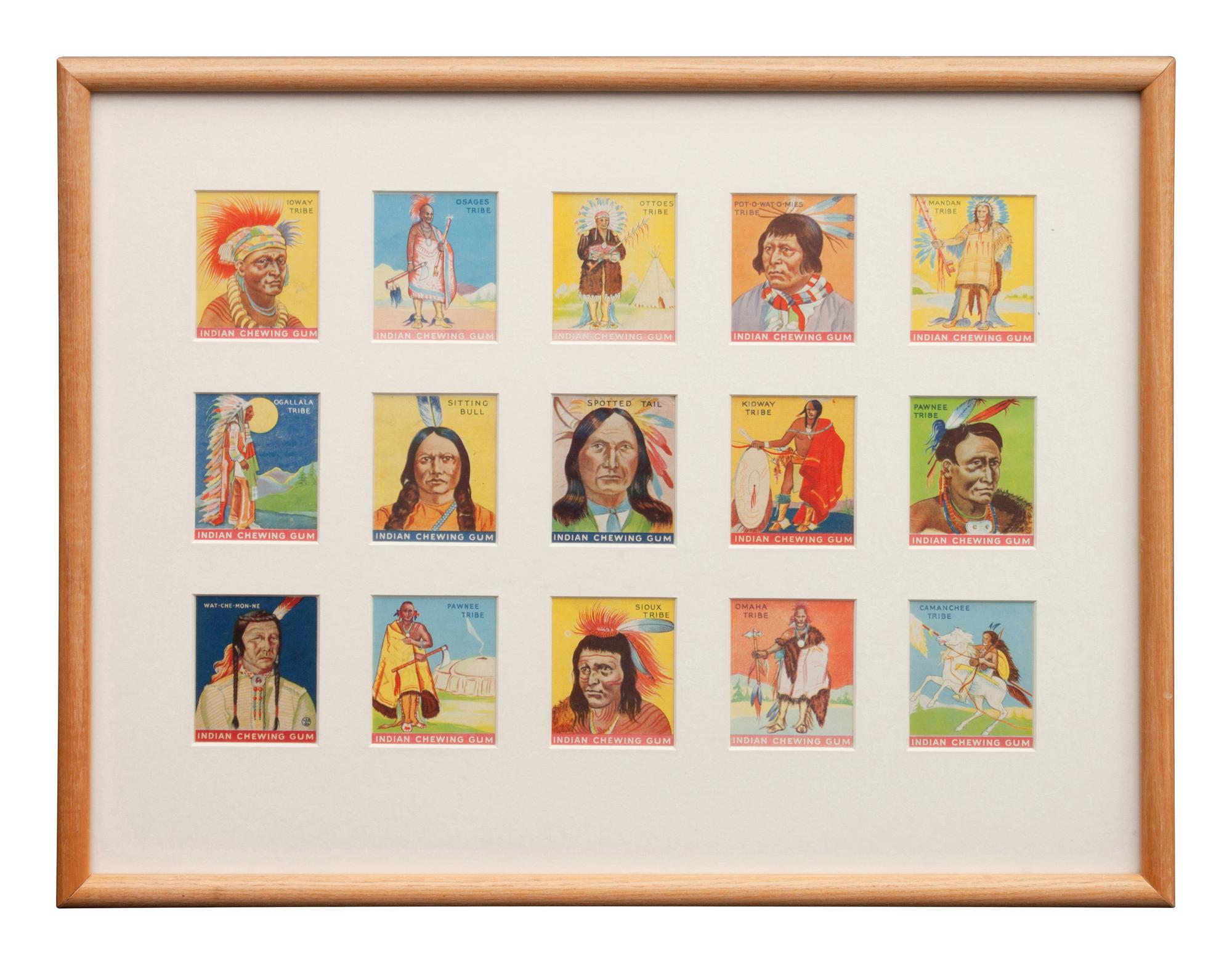 Four Framed Collections of Indian Chewing Gum, Tokio Tobacco Silks and Hudson Bay Trade Pipes