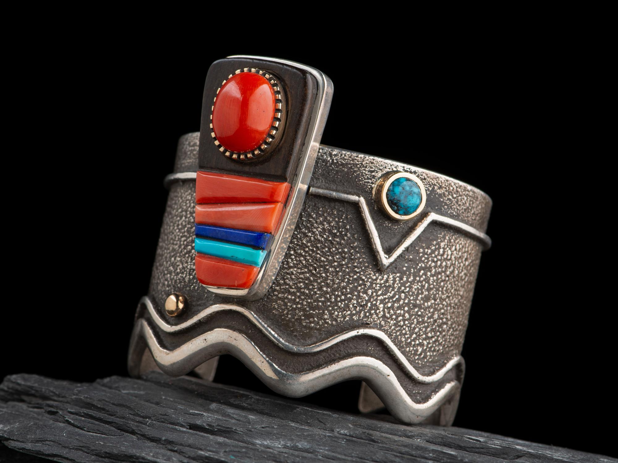 Sterling Silver Tufa Cast Cuff Bracelet, with 14K Gold Accents and Inlay