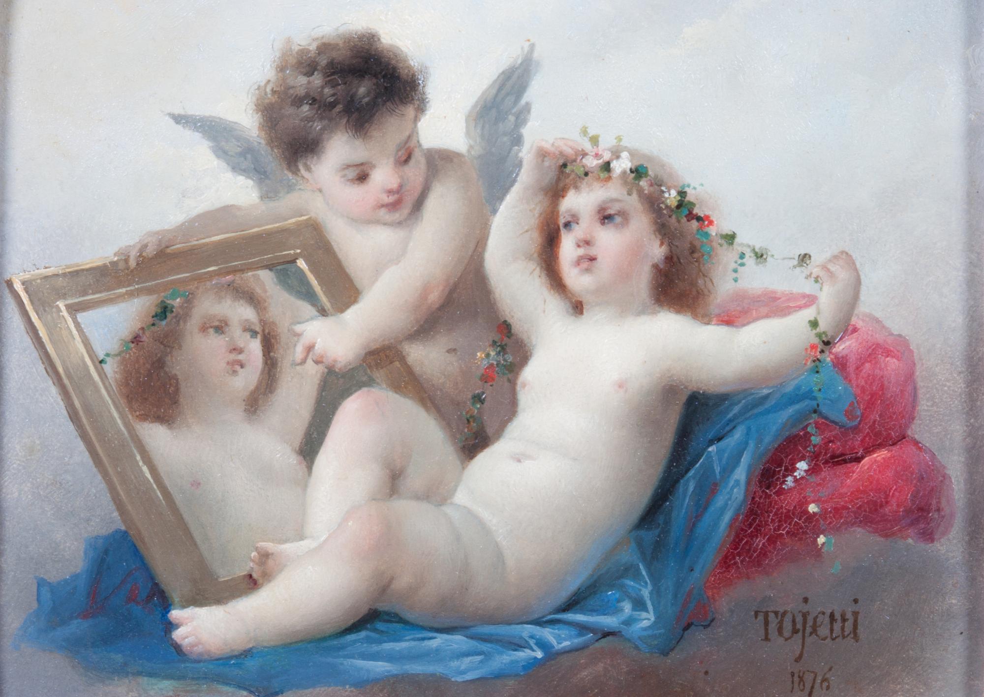 Eduardo Tojetti, (Italian, 1851-1930), Two Putti with Portrait, 1876