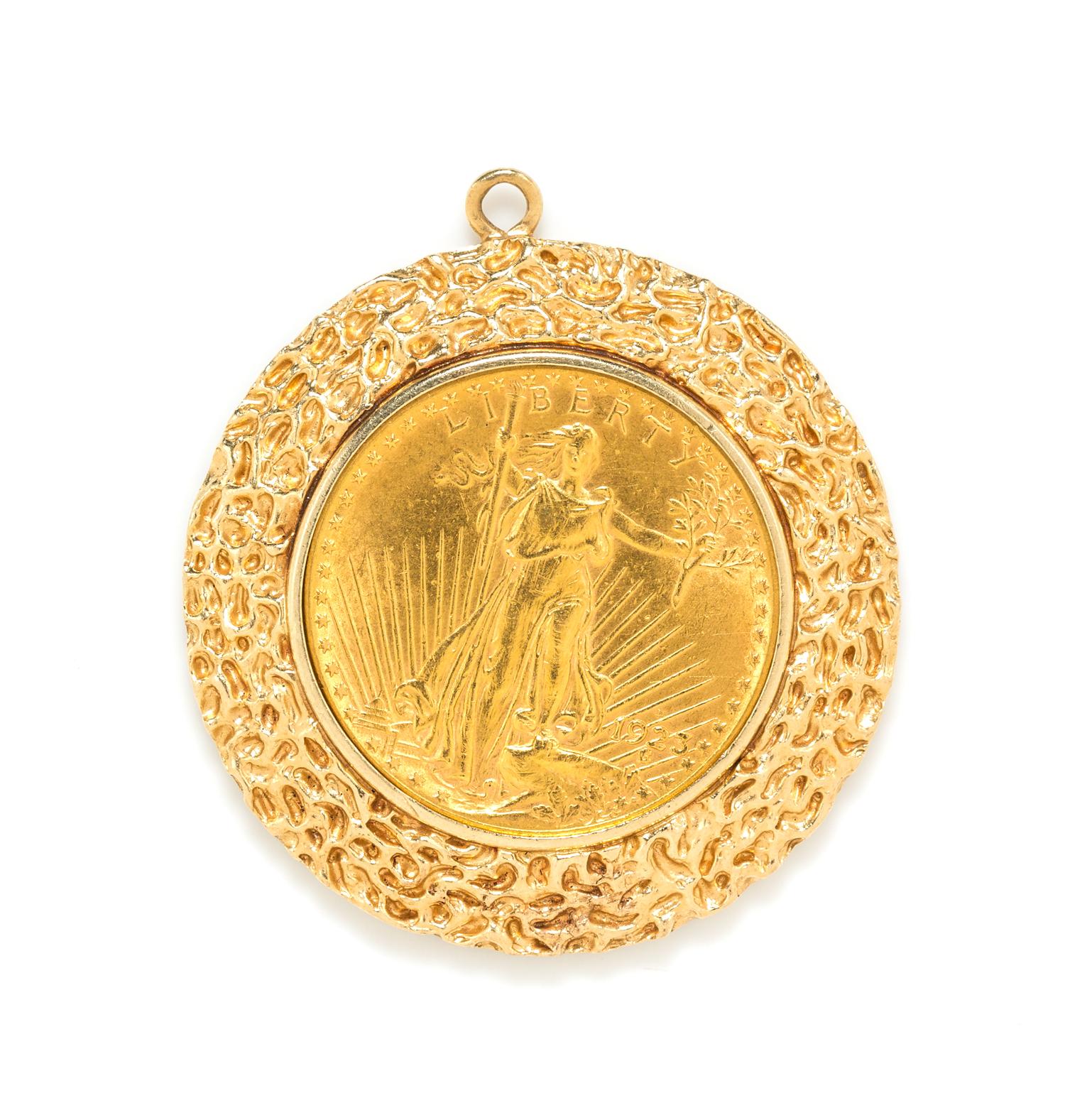 A 14 Karat Yellow Gold and US $20 St. Gauden's Gold Coin Pendant, 38.20 dwts.