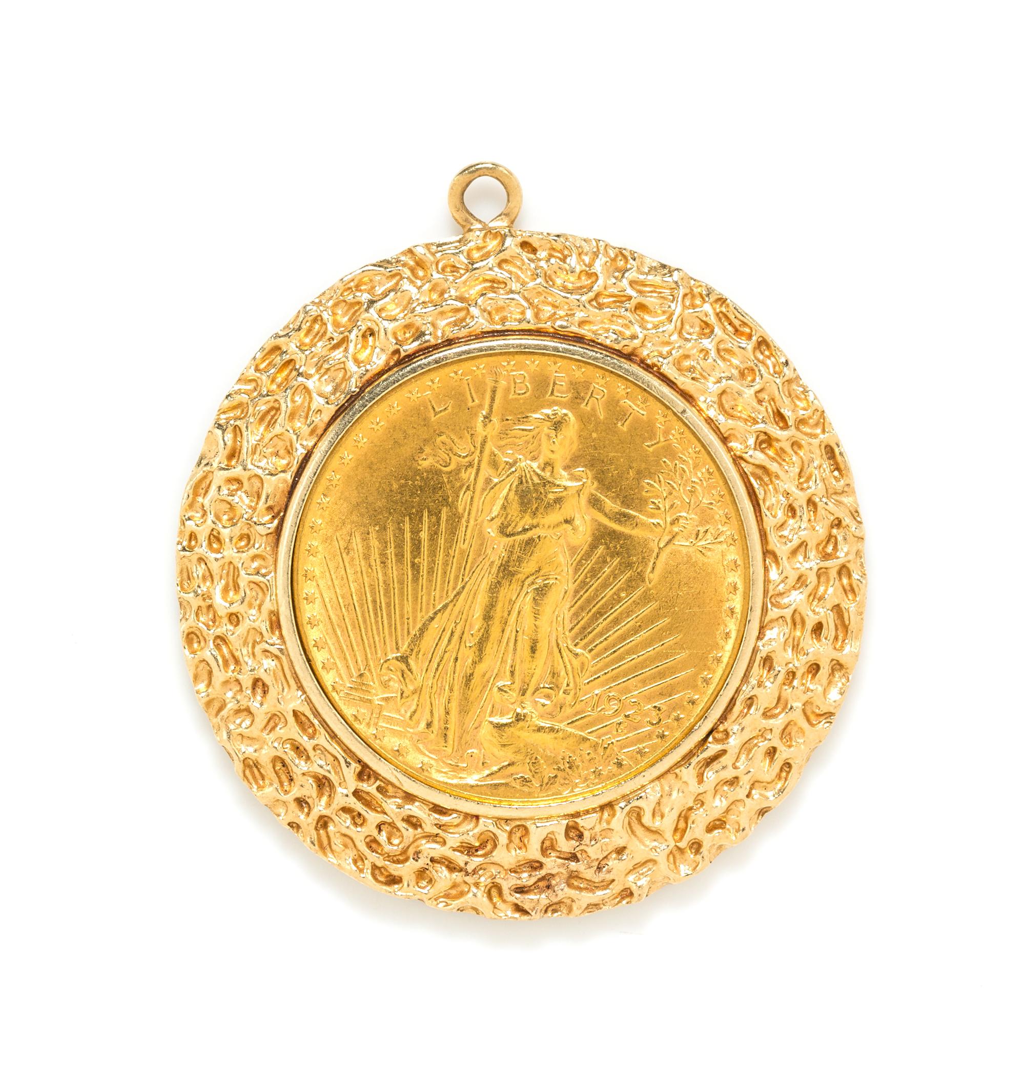 A 14 Karat Yellow Gold and US $20 St. Gauden's Gold Coin Pendant, 38.20 dwts.