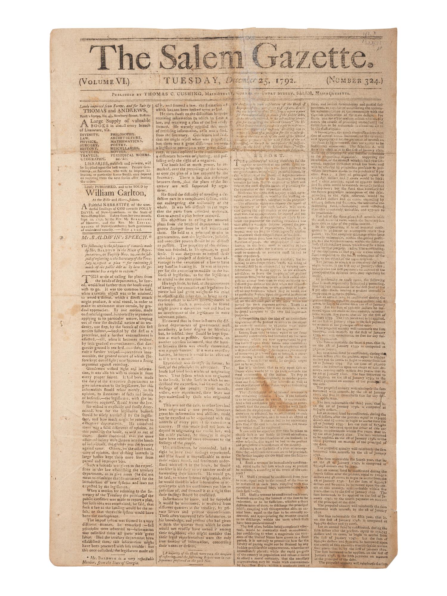 [HAMILTON, Alexander (1757-1804)]. The Salem Gazette. Vol. VI, No. 324. Salem, MA: Thomas C. Cushing, 25 December 1792.