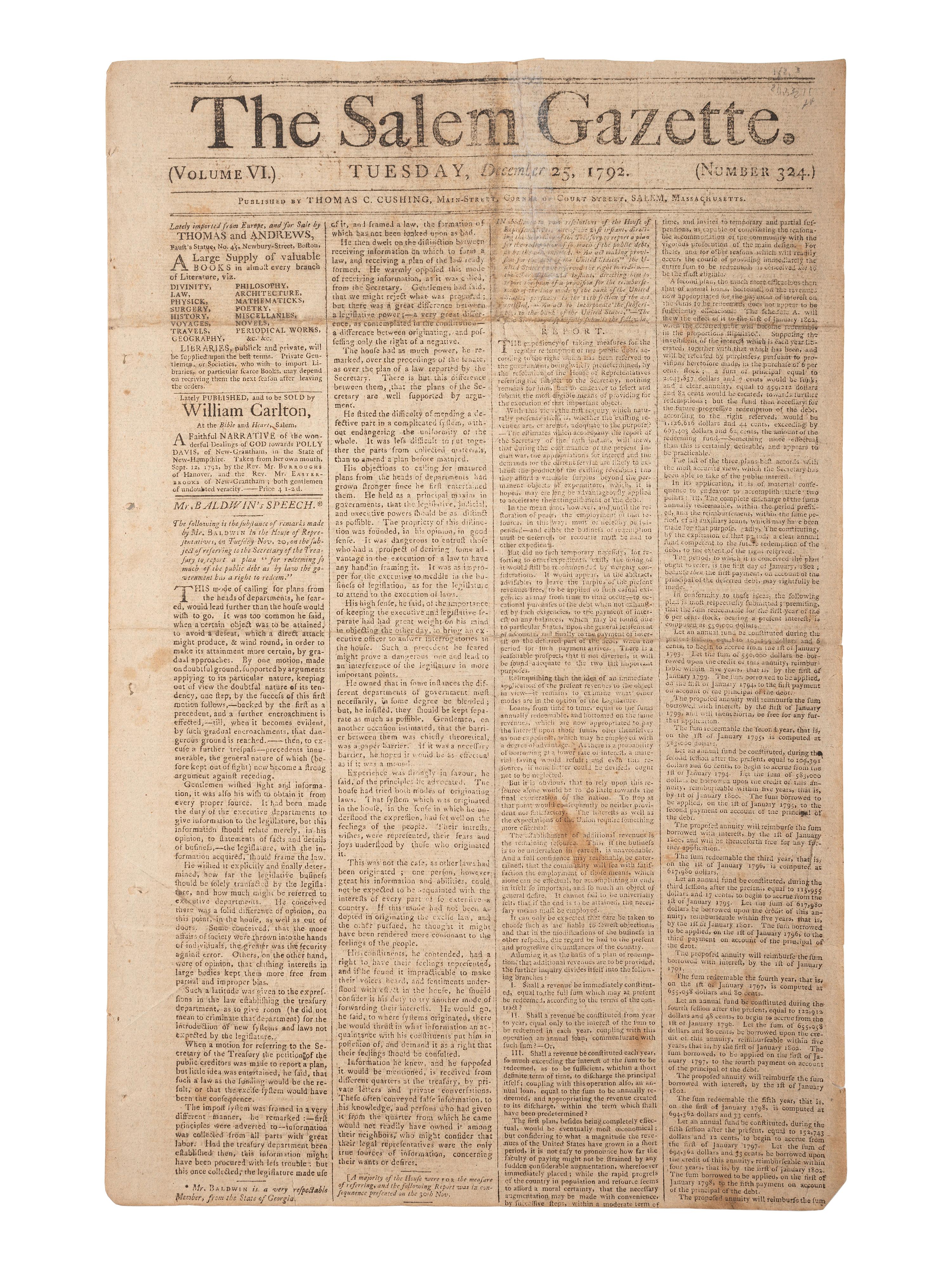 [HAMILTON, Alexander (1757-1804)]. The Salem Gazette. Vol. VI, No. 324. Salem, MA: Thomas C. Cushing, 25 December 1792.