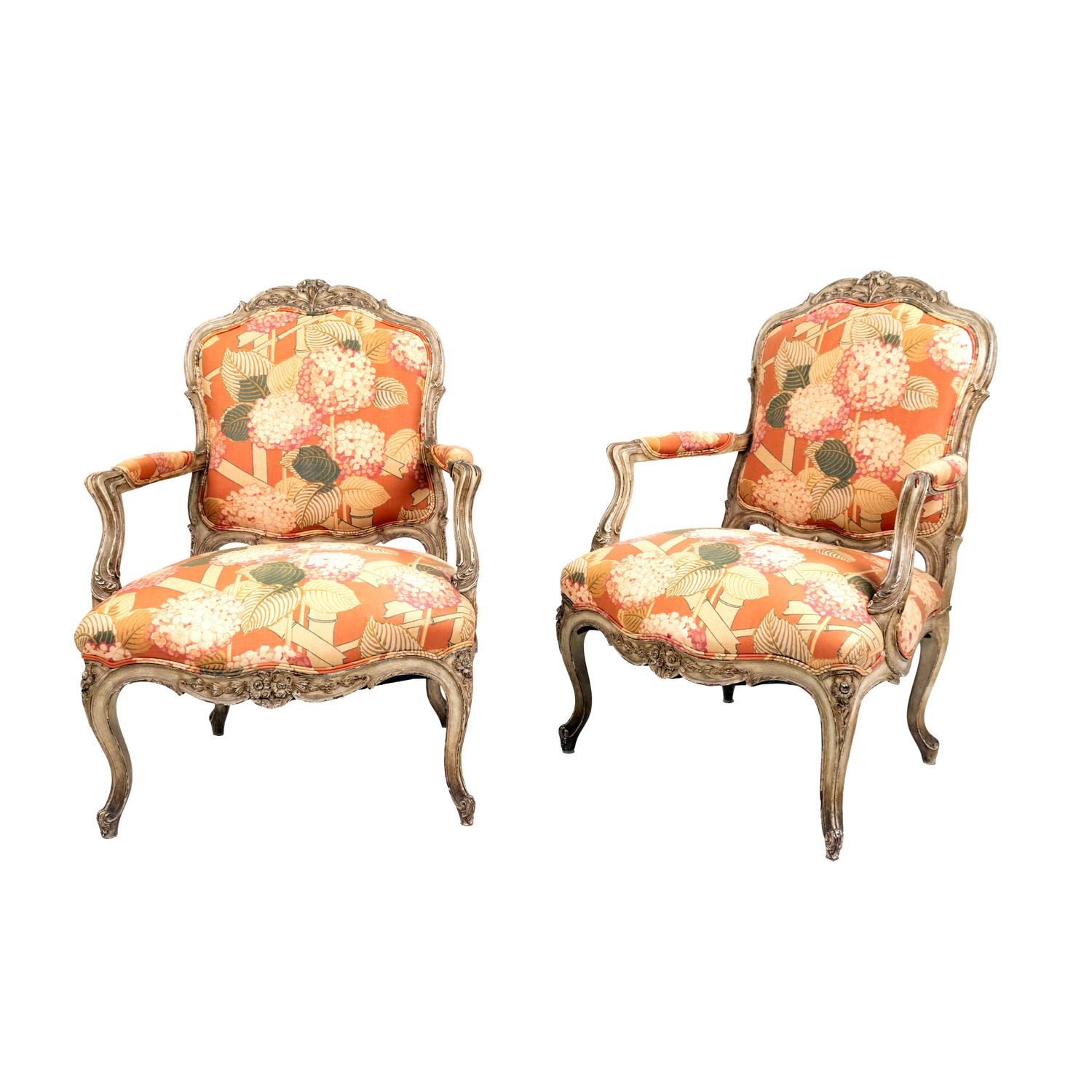 A Pair of Louis XV Style Carved and Painted Fauteuils — 19TH CENTURY
