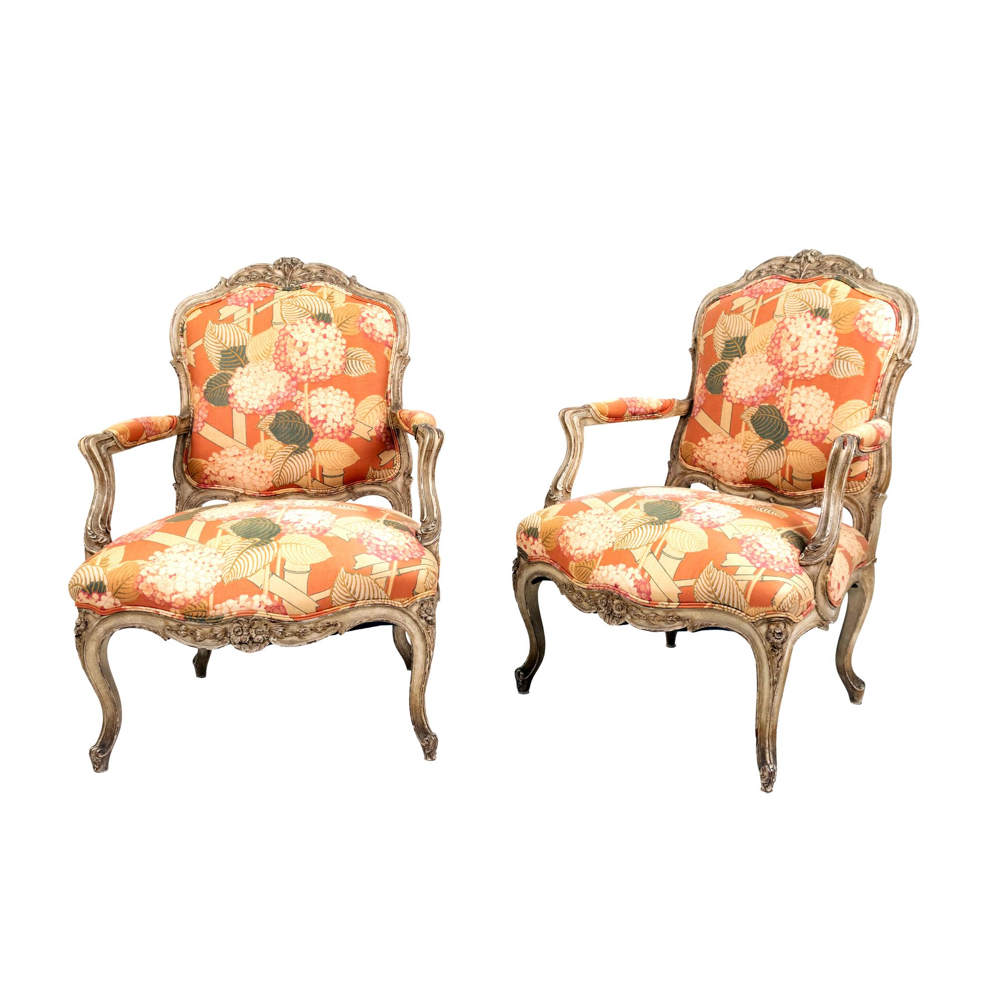 A Pair of Louis XV Style Carved and Painted Fauteuils — 19TH CENTURY
