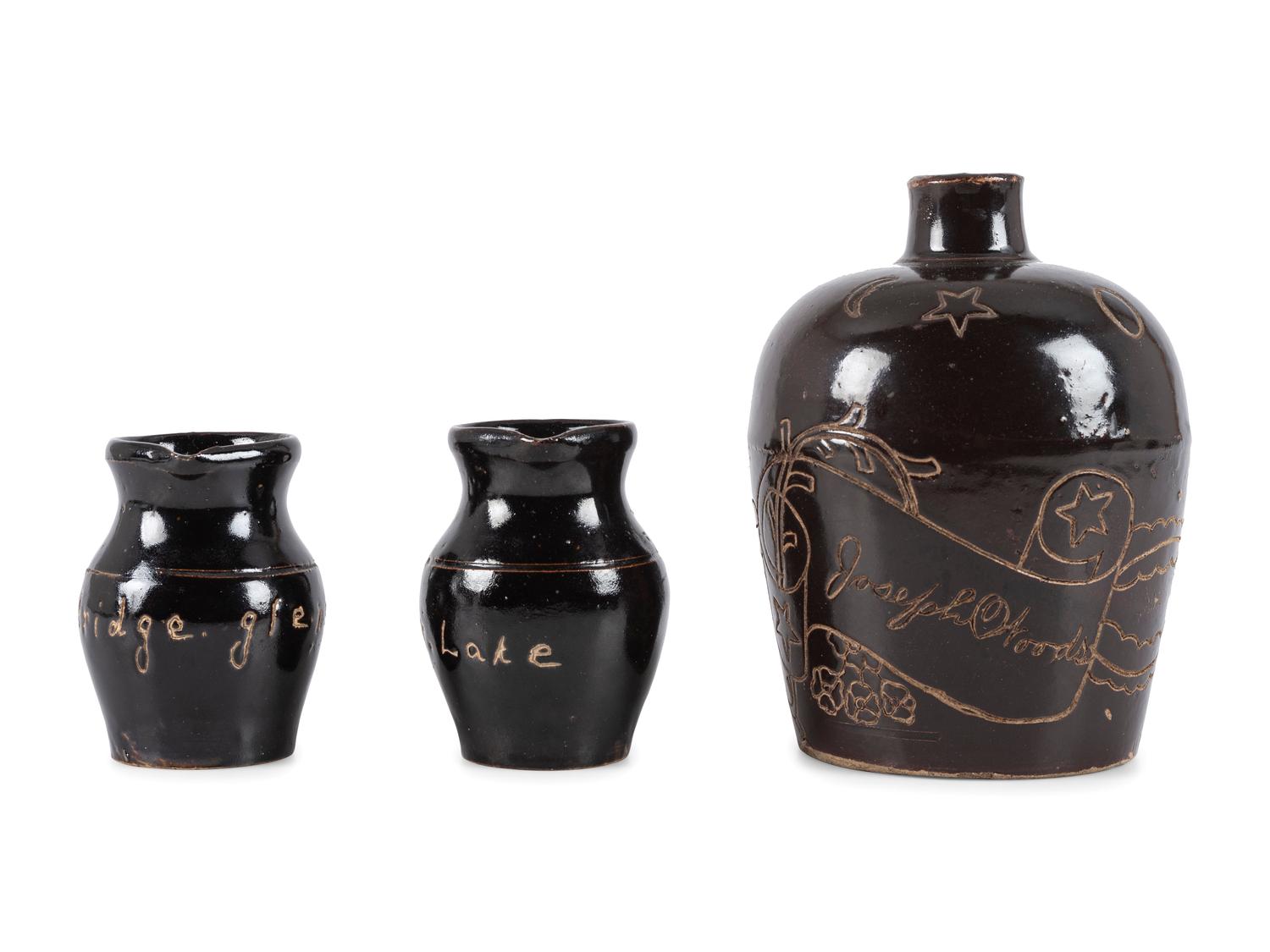 Three Pieces of Ohio Scrafitto-Inscribed Albany Slip Stoneware