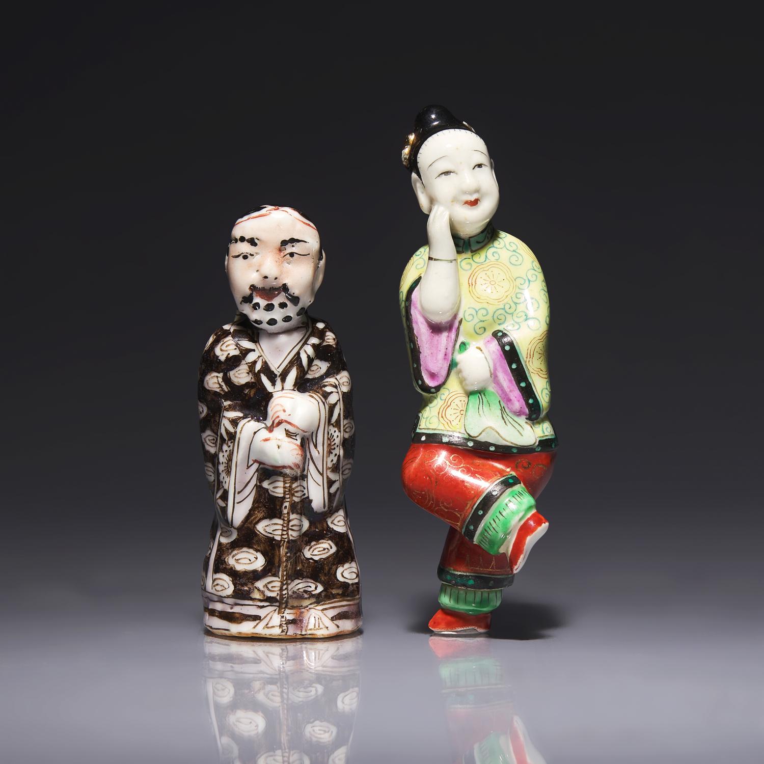 Two Chinese Porcelain Figural Snuff Bottles 粉彩瓷雕人物鼻烟壺兩支