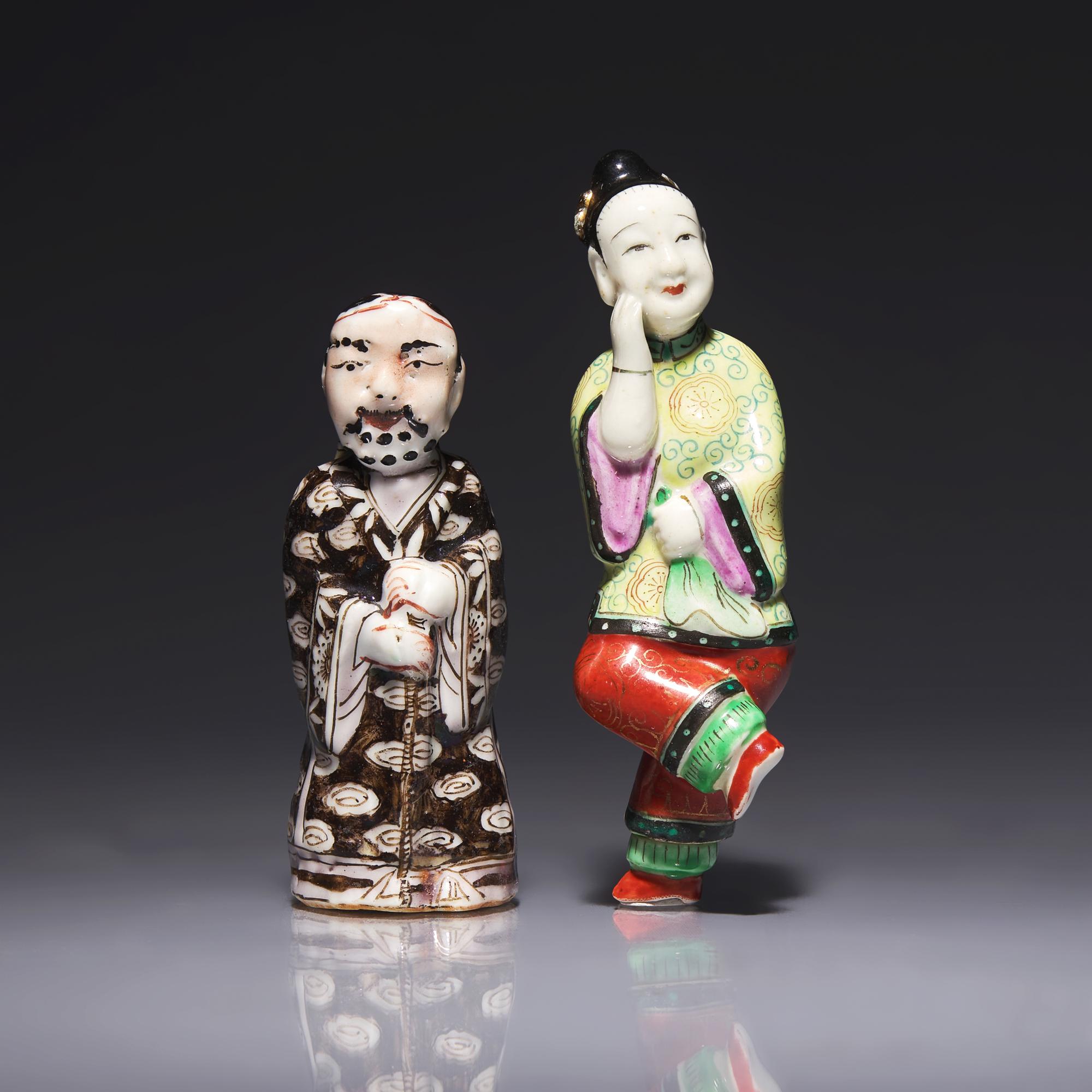 Two Chinese Porcelain Figural Snuff Bottles 粉彩瓷雕人物鼻烟壺兩支
