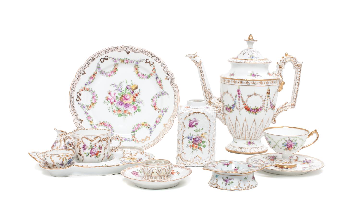 An Assembled Dresden Porcelain Dinner Service Height of coffee pot 10 1/2 inches.