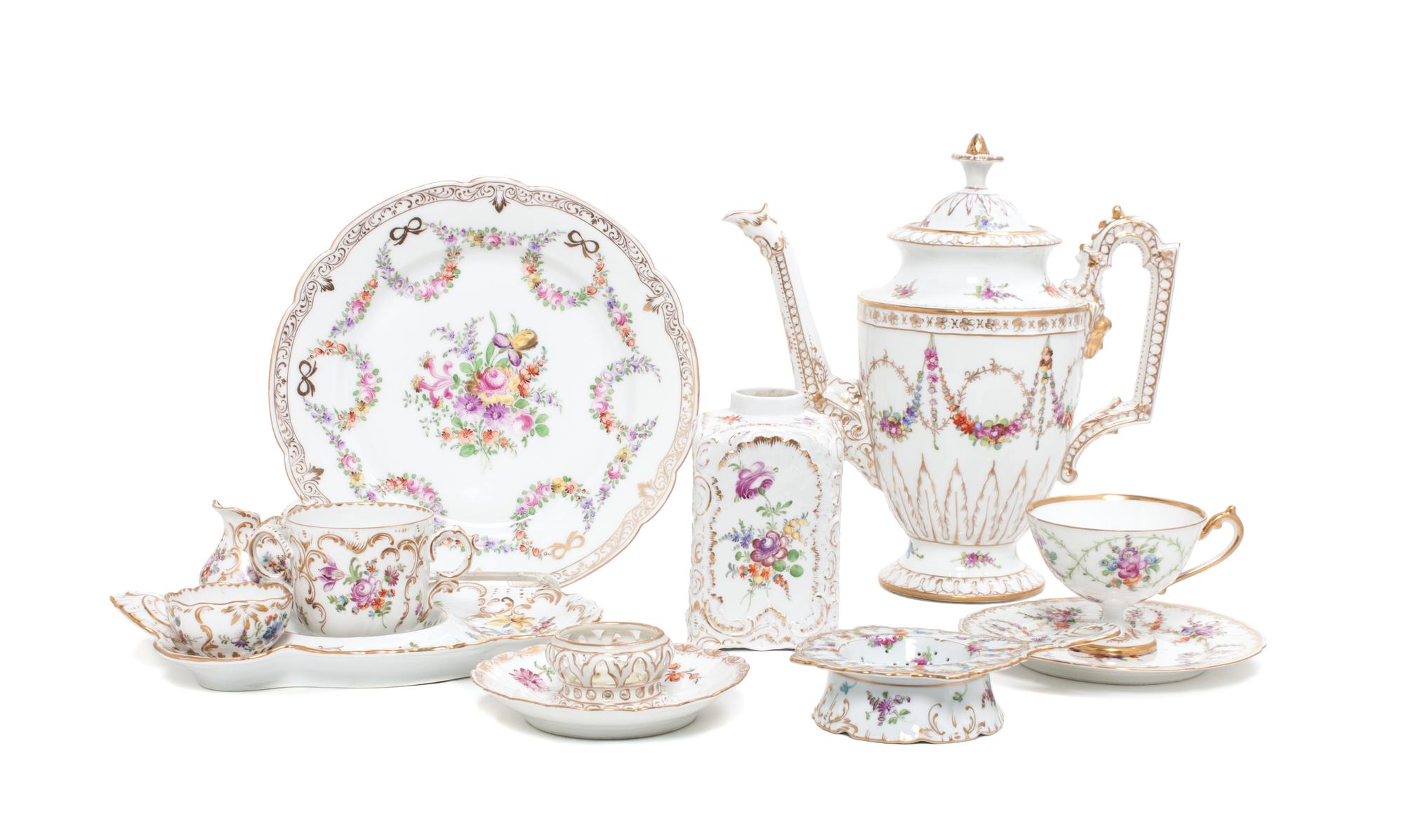 An Assembled Dresden Porcelain Dinner Service Height of coffee pot 10 1/2 inches.