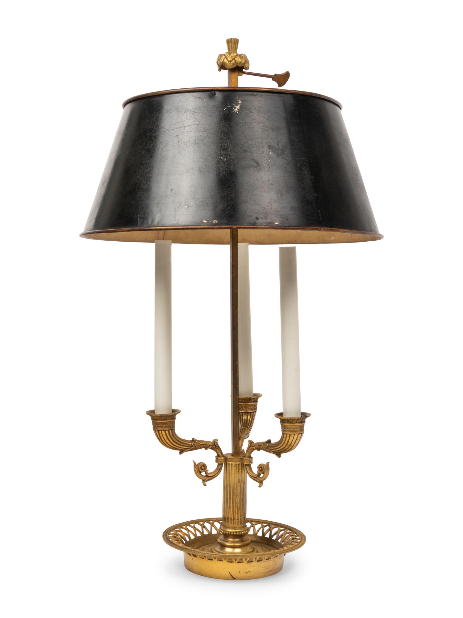 An Empire Style Gilt Bronze Bouillotte Three-Light Lamp
