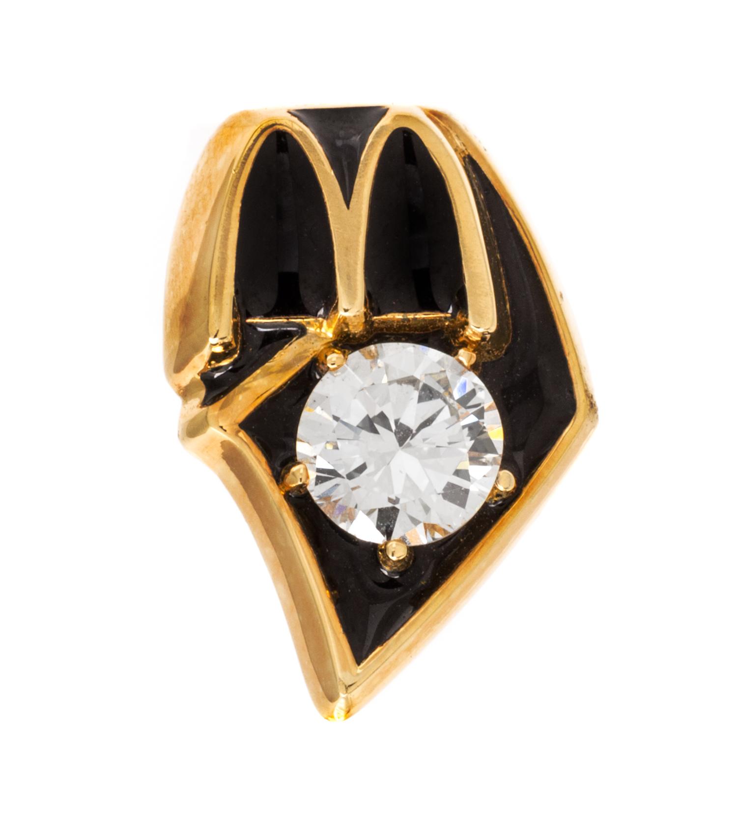 An 18 Karat Yellow Gold, Diamond and Enamel McDonald's Lapel Pin, 4.10 dwts.