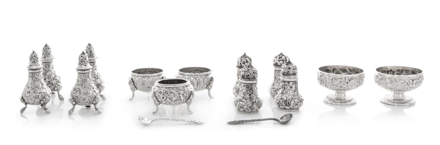 A Collection of American Silver Salts, S. Kirk & Son, Baltimore, MD and others, each worked with repousse floral and foliate decoration