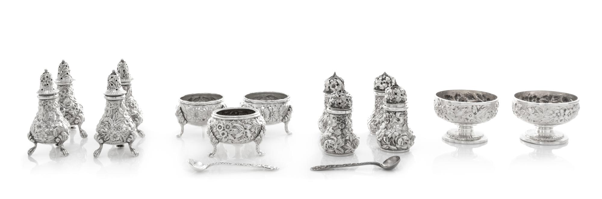 A Collection of American Silver Salts, S. Kirk & Son, Baltimore, MD and others, each worked with repousse floral and foliate decoration
